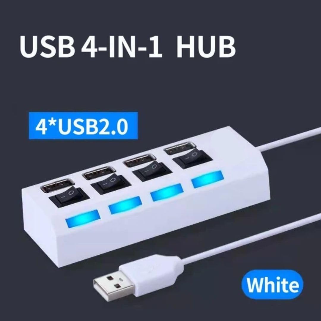 4-Port USB 2.0 Hub with LED Indicators & Power Switches - Portable USB Splitter Adapter for Laptop, PC, Mac - Plug & Play Multi-Port USB Extension Hub for Home Office, Gaming & Travel Accessories