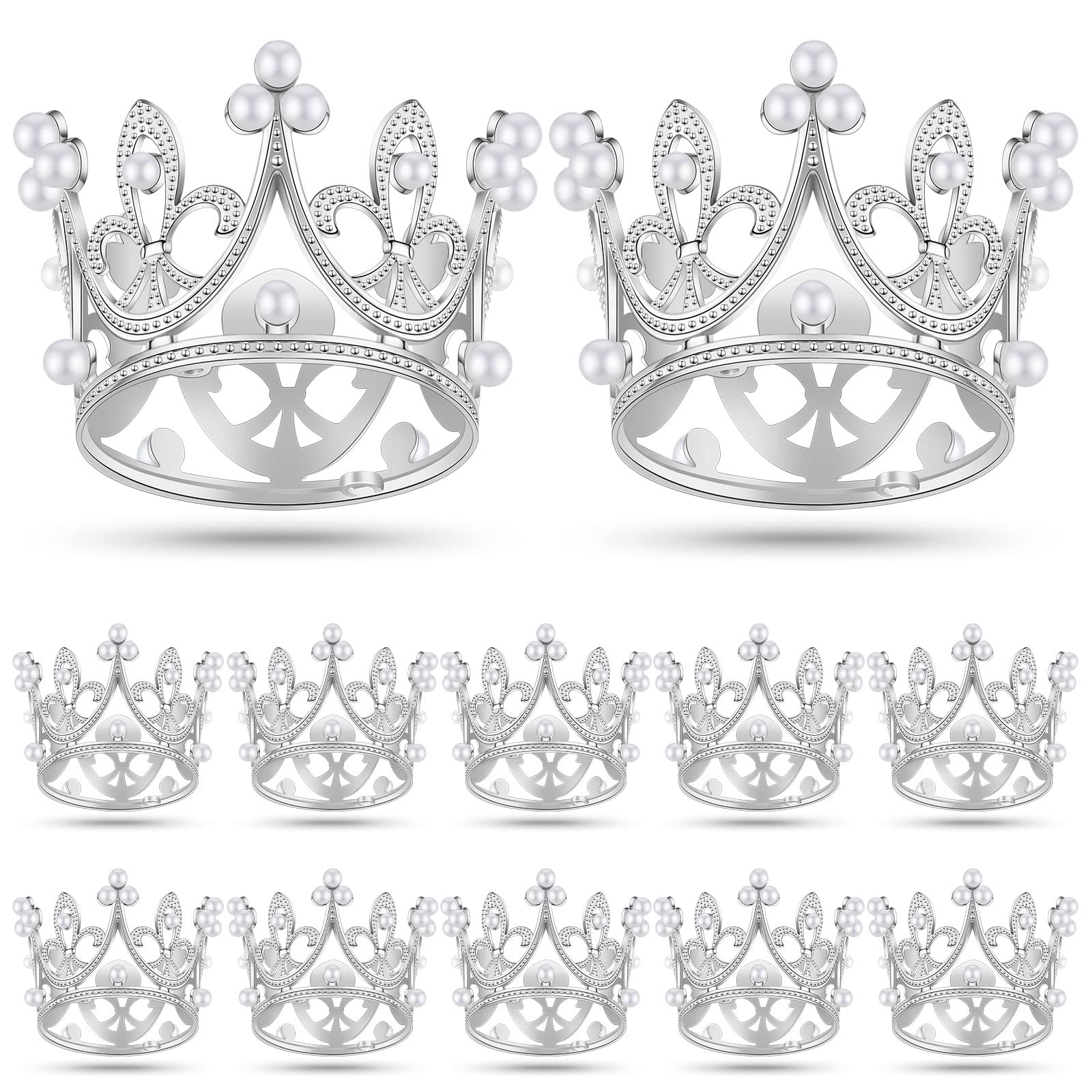 12Pcs Mini Crown Cake Toppers - Silver Pearl Crystal Tiara for Cupcakes, Flowers, Wedding, Birthday Party Decor | Elegant Princess Queen Crowns for Festive Celebrations & Dessert Displays