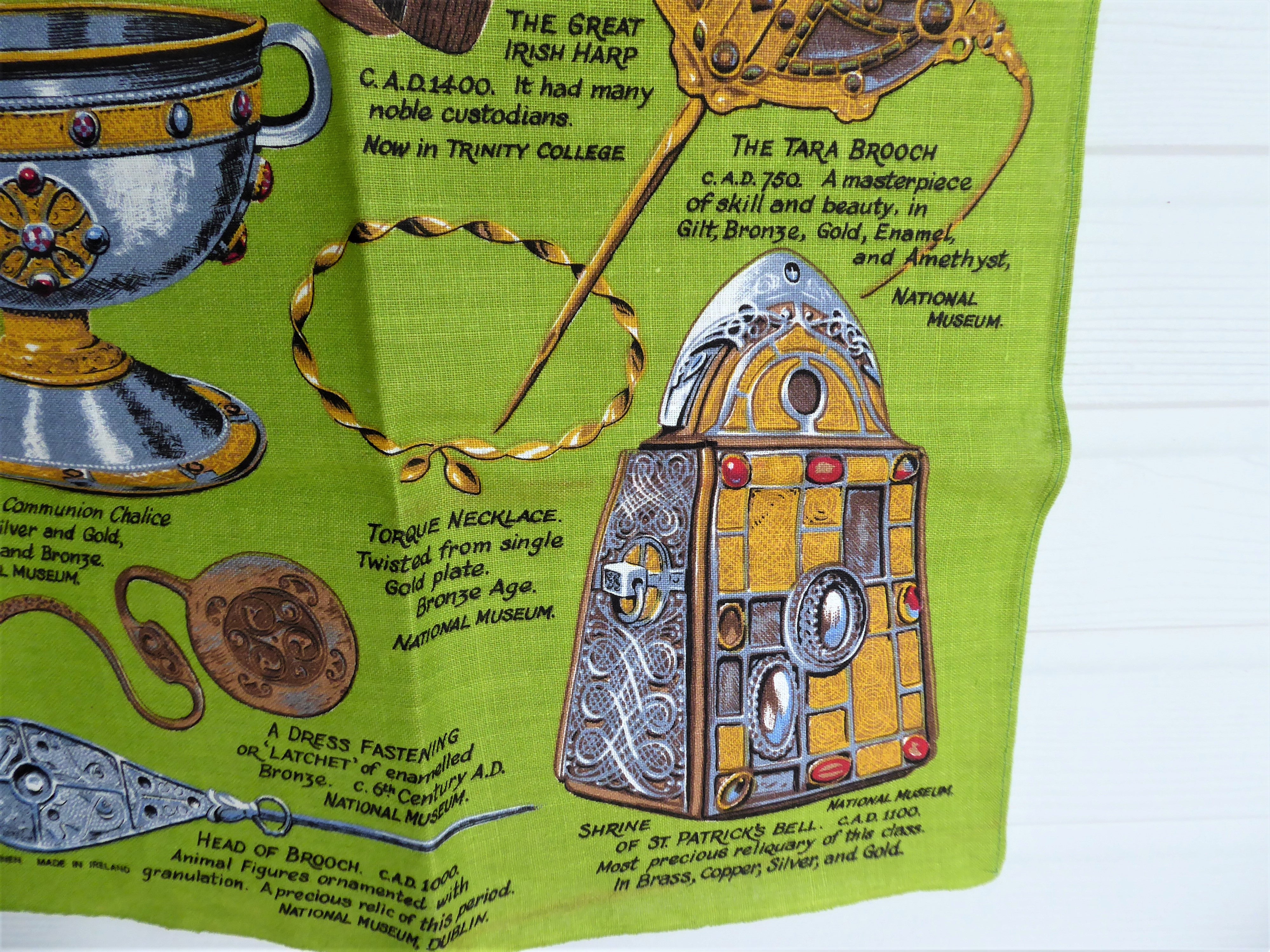 Premium Irish Linen Dish Towel & Tea Towel Set - Authentic Ireland Treasures Design with Tara Brooch & Ardagh Chalice in Emerald Green - Perfect for Kitchen, Dining & Irish-Themed Home Decor