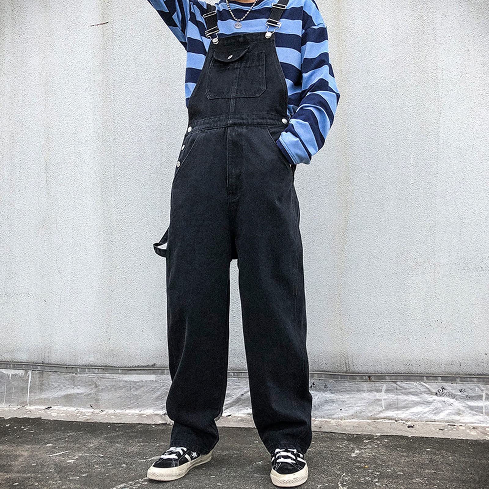 WIITON Men's Denim Bib Overalls - Stone Wash Blue Dungarees with Multiple Pockets for Workwear, Construction, Farming & Outdoor Activities