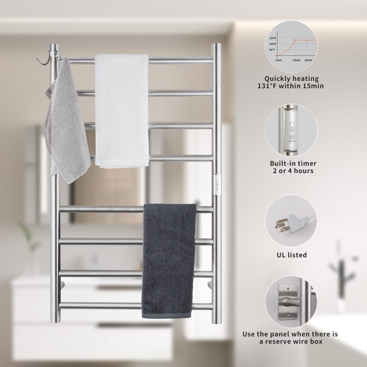 **8-Bar Wall Mounted Towel Warmer - Plug-in & Hardwired Options, 3 Heat Modes, Brushed Stainless Steel (21