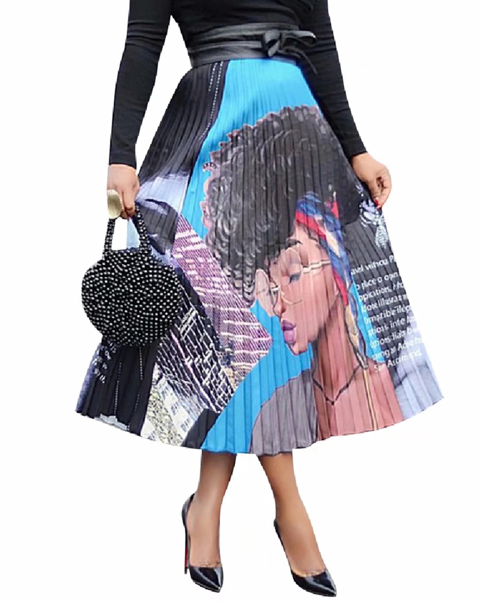 ThusFar Women's Graffiti Pleated Skirts - Cartoon Printed Elastic Waist A-Line Swing Midi Skirt for Casual Wear, Street Style & Summer Outfits