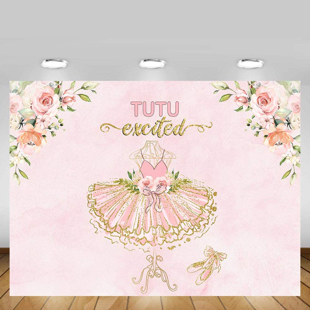 7x5ft Pink Floral Gold Glitter Ballerina Baby Shower Backdrop - Tutu Girl Birthday Party Photography Background, Cake Table Decor & Photo Booth Banner for Newborn Celebrations, 1st Birthday & Gender Reveal Parties