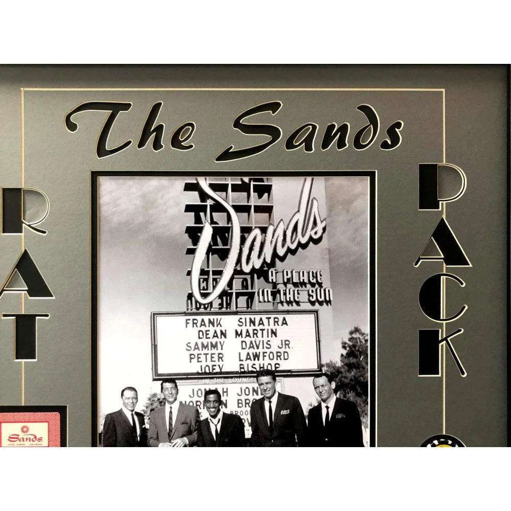 Rat Pack Vegas Collage with Authentic Sands Playing Cards - Framed Wall Art Photo | Perfect for Home Decor, Man Cave & Casino Themed Rooms