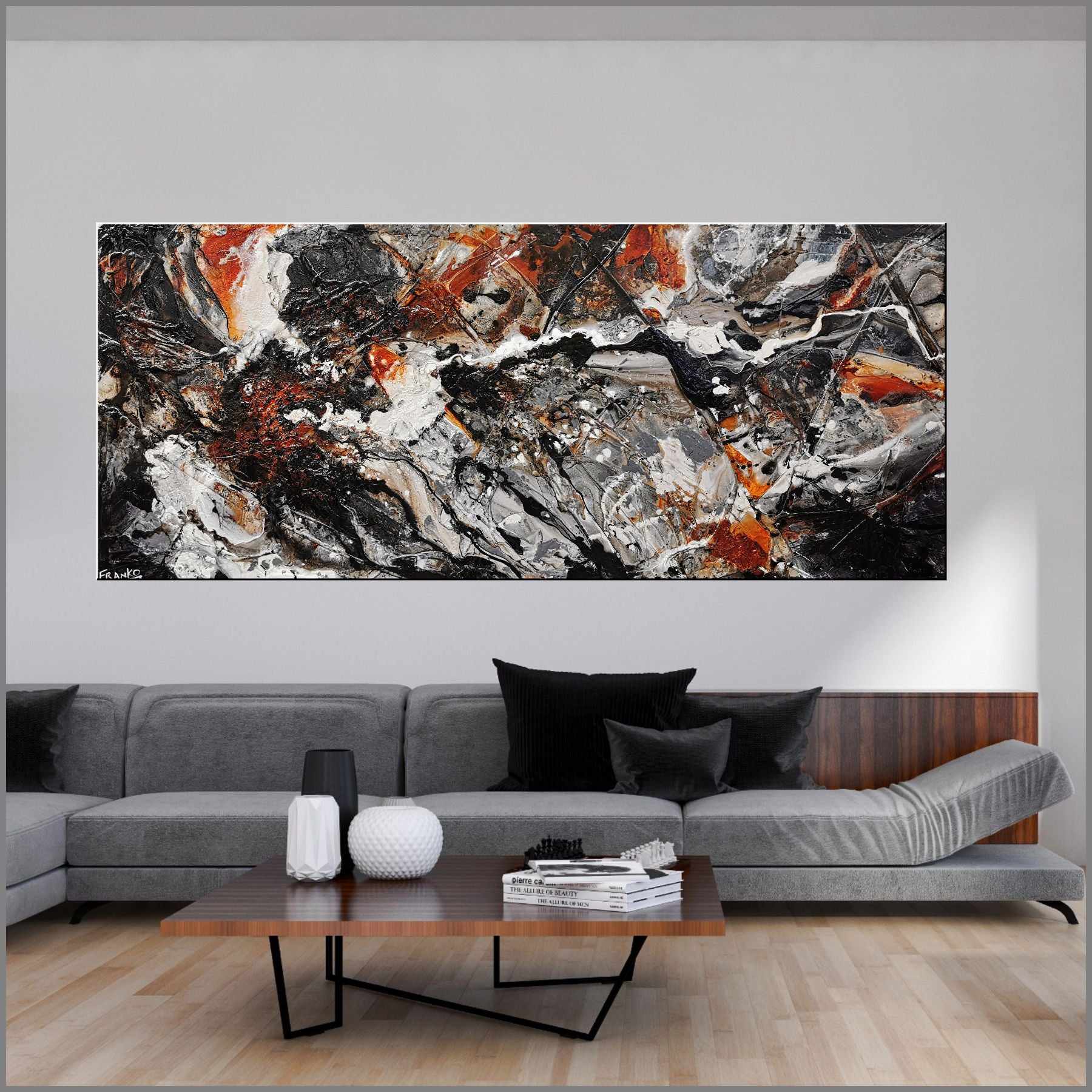 240cm x 100cm Black Brown White Textured Abstract Slated Licorice Painting - Modern Wall Art for Living Room, Bedroom & Office Decor