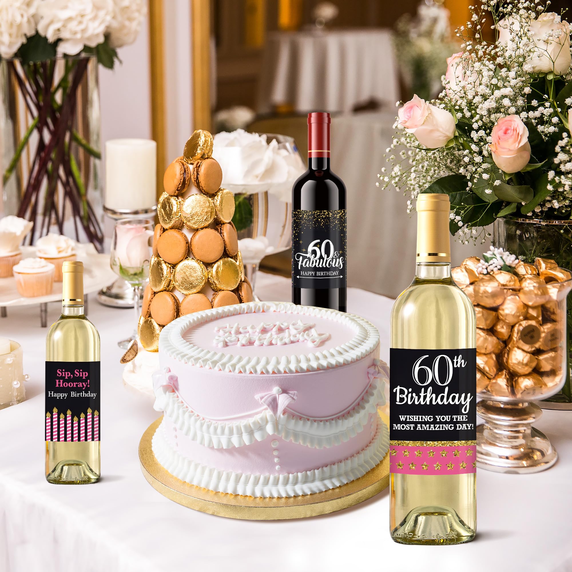 VIDELLY 12-Pack Custom 60th Birthday Wine Bottle Labels - Personalized Waterproof Stickers for Women, Black Gold & Pink Party Decor - Perfect for Milestone Celebrations, Retirement Gifts & Anniversary Parties