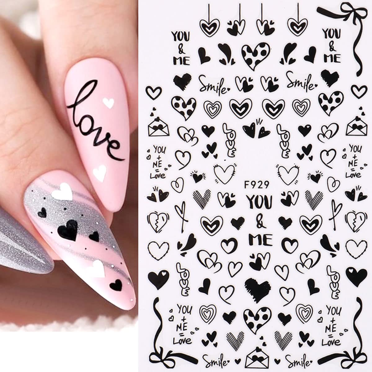 Valentine's Day Nail Stickers - Black Heart Nail Art Decals for Women | DIY Nail Design Decoration | 4 Sheets | Perfect for Valentine's Gifts, Date Nights & Romantic Occasions