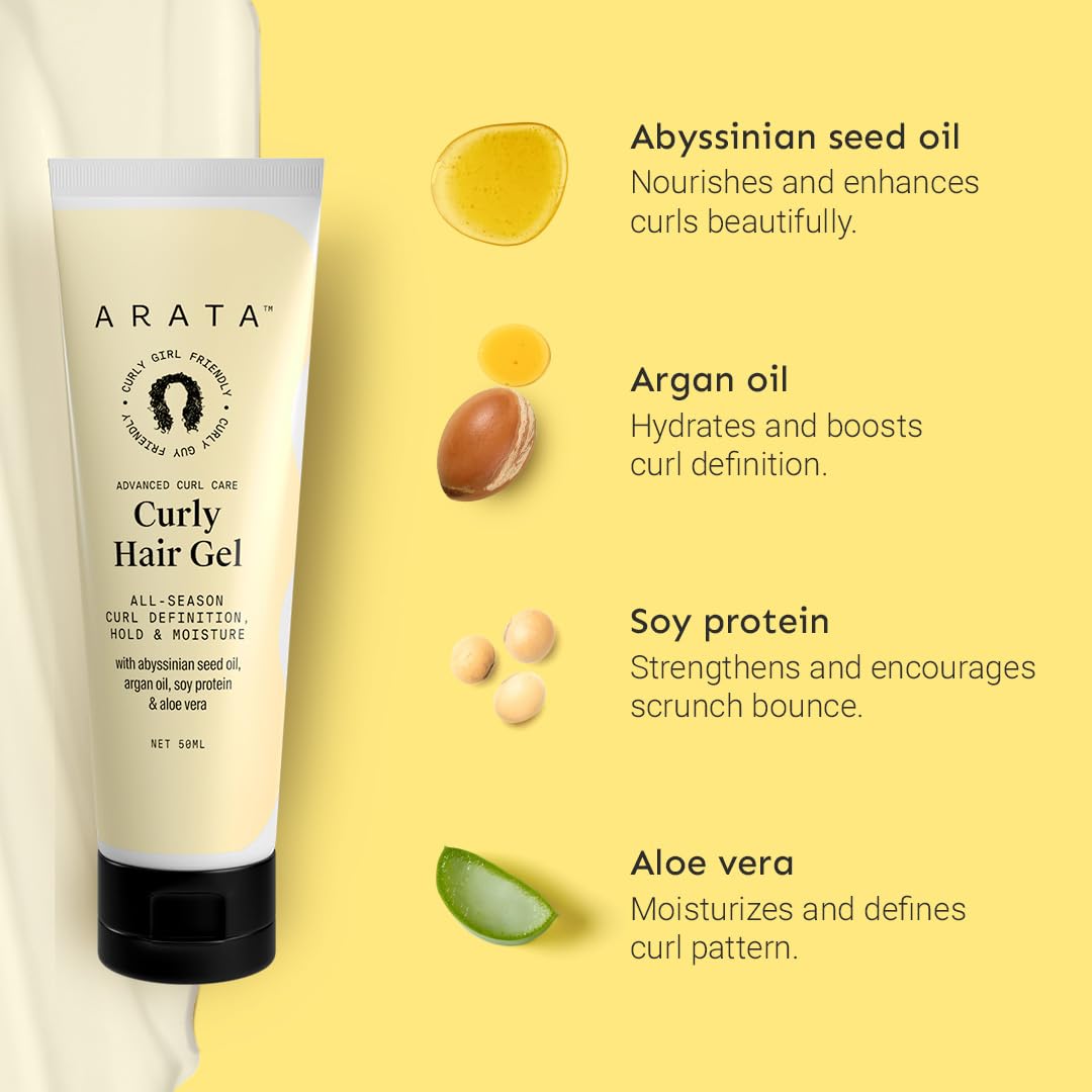 Arata Curl Gel for Frizzy, Wavy, Curly Hair - Natural Long-Lasting Hold & Definition | Frizz Control with Aloe Vera, Abyssinian Seed Oil, Argan Oil & Soy Protein | Sulfate, Paraben & Silicone Free | 50ml | Perfect for Daily Styling & Enhancing Natural Curls