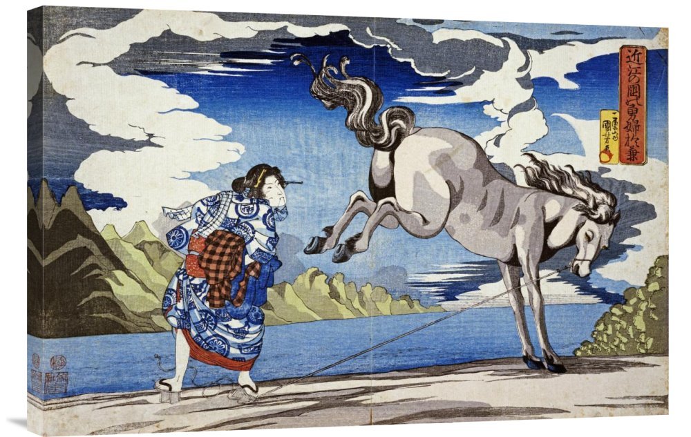 Kuniyoshi The Strong Woman Subduing A Wild Horse Canvas Wall Art Print - Japanese Ukiyo-e Style Gallery Wrap Giclee - Perfect for Living Room, Bedroom & Office Decor
