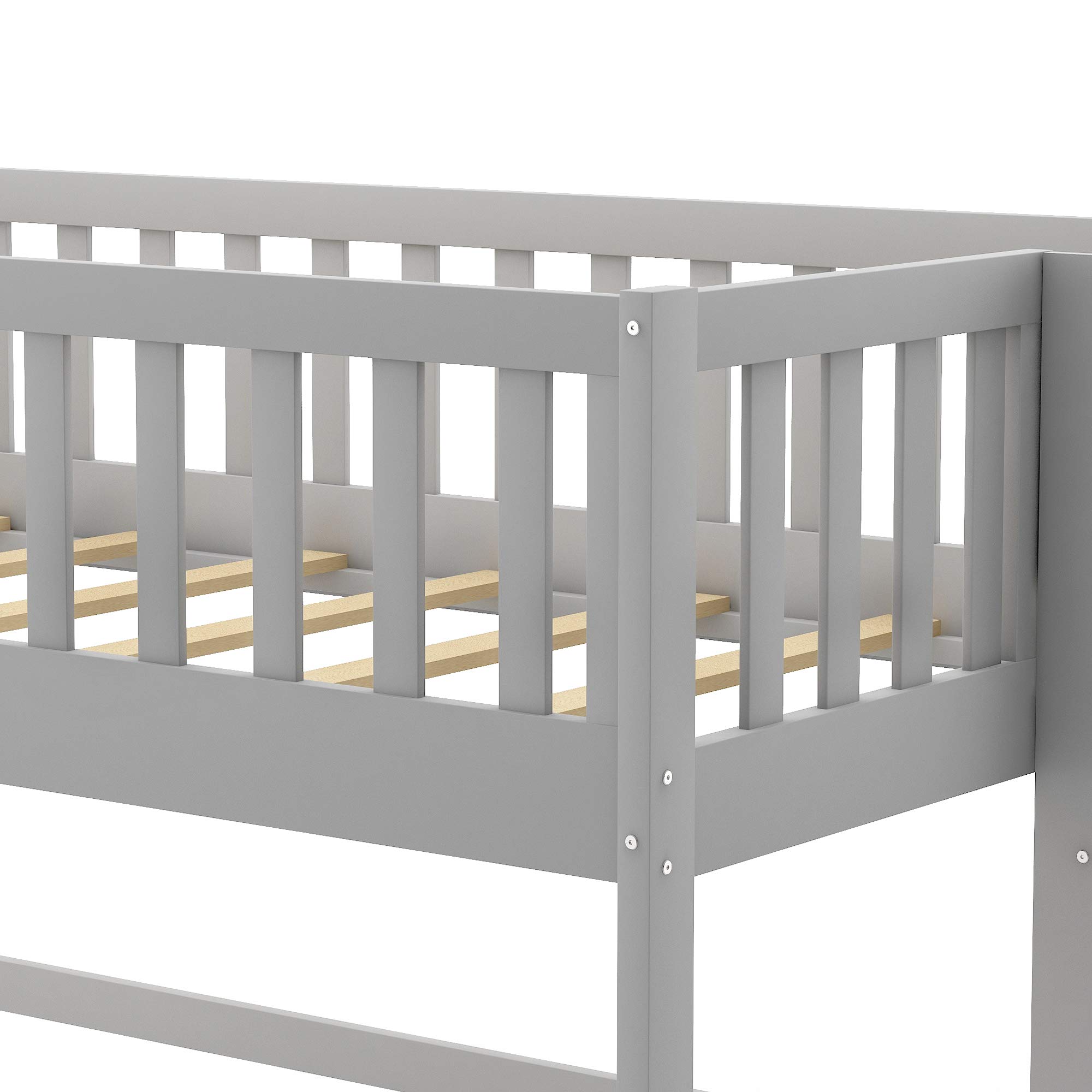 Twin Size Low Loft Bed with Ladder & Slide - Solid Wood Kids Loft Bed Frame for Toddlers & Teens - Space-Saving Low Profile Design (Gray+Pine Wood) - Perfect for Small Bedrooms, Dorms & Playrooms