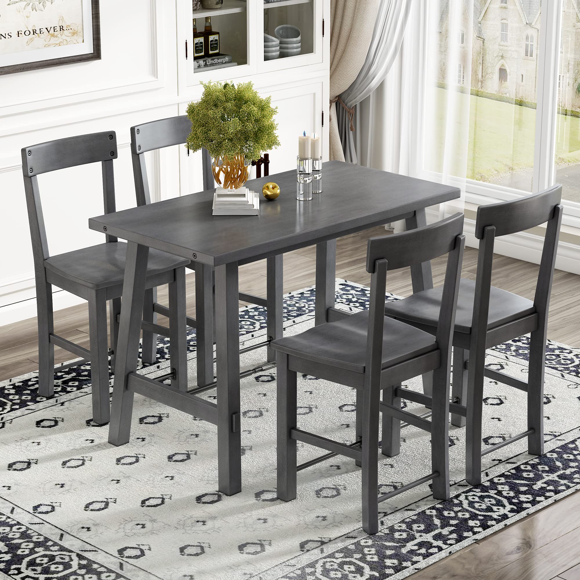 Farmhouse 5-Piece Counter Height Dining Table Set - Industrial Solid Wood & Metal Kitchen Dining Room Table with 4 High Back Chairs, Space-Saving Design (Grey) - Perfect for Small Apartments, Breakfast Nooks & Modern Farmhouse Kitchens