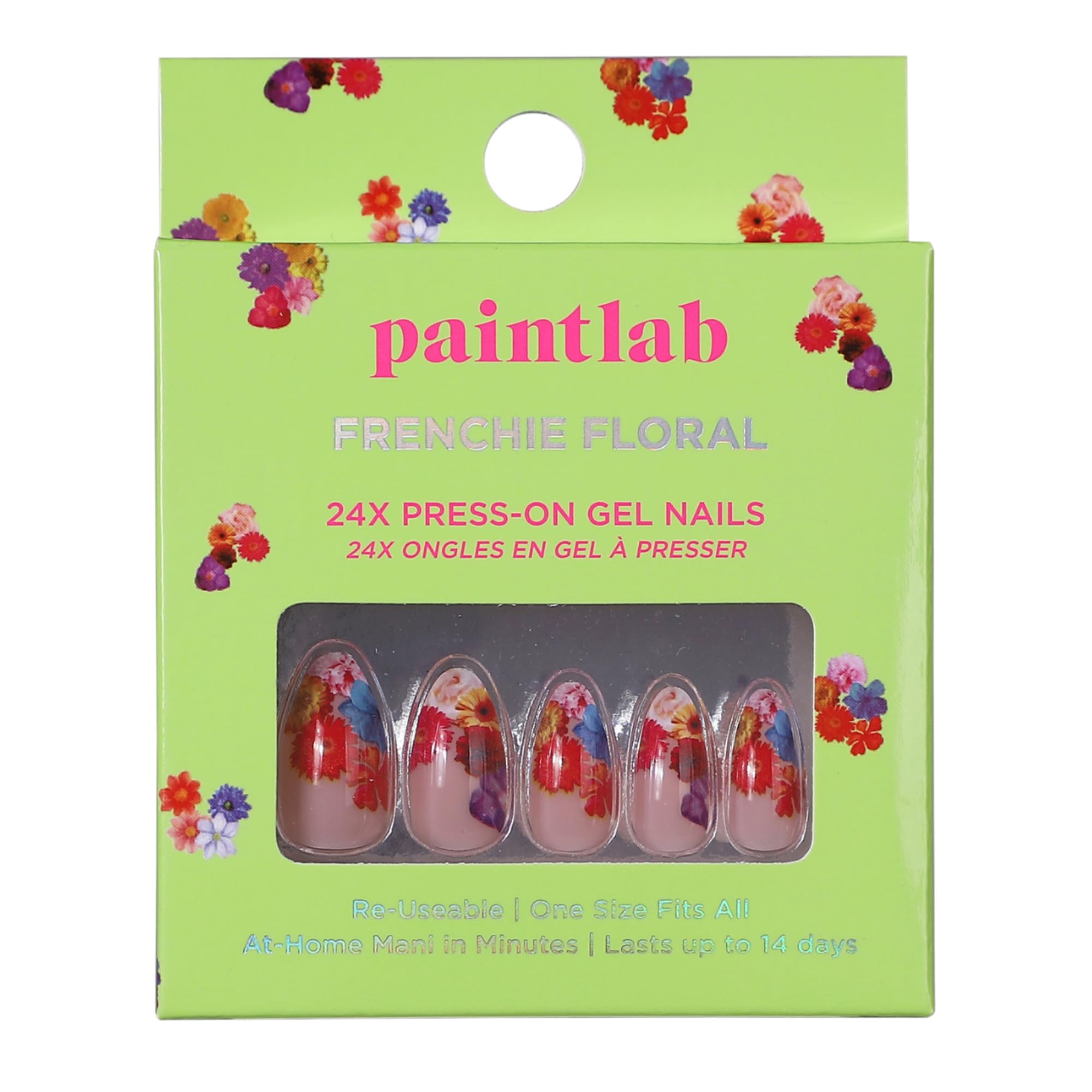 PaintLab Press-On Nails Kit - 24PCS French Floral Fake Nails with Nail Glue, File, Prep Pad & Cuticle Stick | Long Lasting Manicure Set for Women | Perfect for Parties, Weddings & Daily Wear