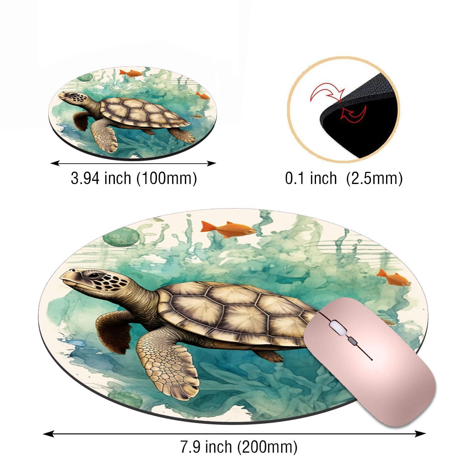 Turtle World Map Design Non-Slip Round Mouse Pad with Coasters Set - Office & Gaming Desk Accessories for Computer, Laptop, Home & Workstation Decor