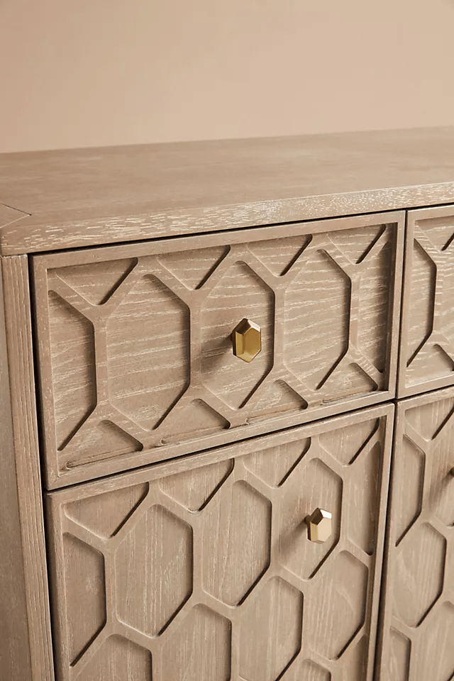 Hand Carved Textured Trellis Buffet Sideboard - Natural Wood Dining Room Buffet Cabinet for Farmhouse & Rustic Decor | Perfect for Dining Room Storage, Entryway Organizer, or Living Room Display