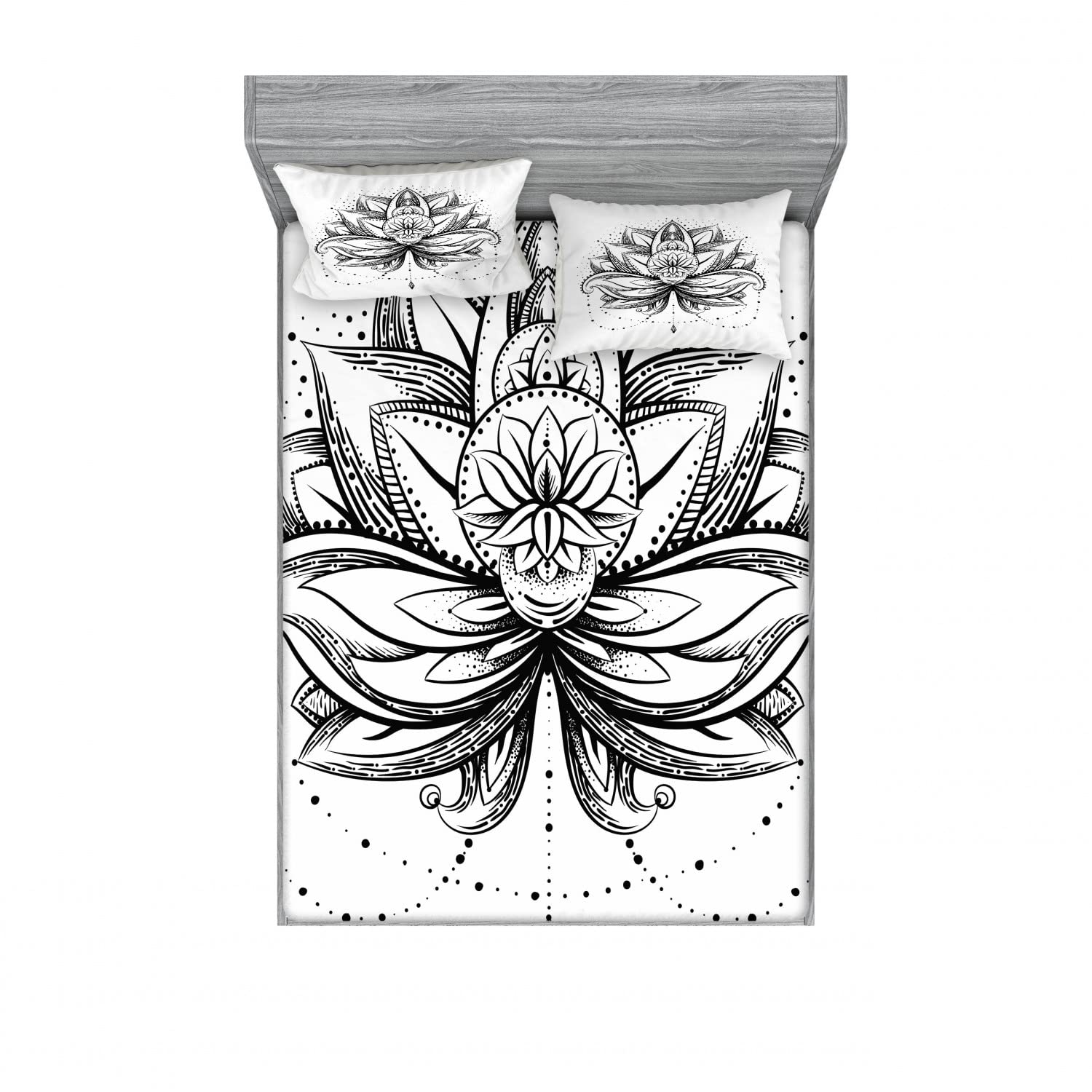 Ambesonne 2-Pack Full Size Fitted Sheet Set with 4 Pillow Shams - Ornamental Lotus Sketch Design in Seal Brown & White | Luxury Bedding Decor for Master Bedroom, Guest Room & Dorm