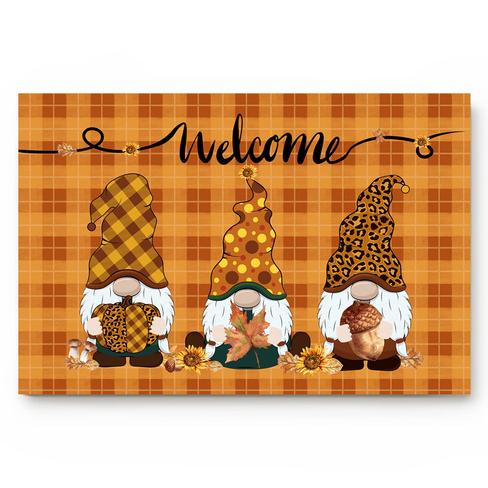Thanksgiving Gnome Door Mat with Pumpkin & Autumn Leaf Design - Non-Slip 16x24in Orange Plaid Welcome Mat for Front Door, Kitchen, Entryway, Bathroom - Perfect Fall Home Decor Rug for Indoor/Outdoor Use