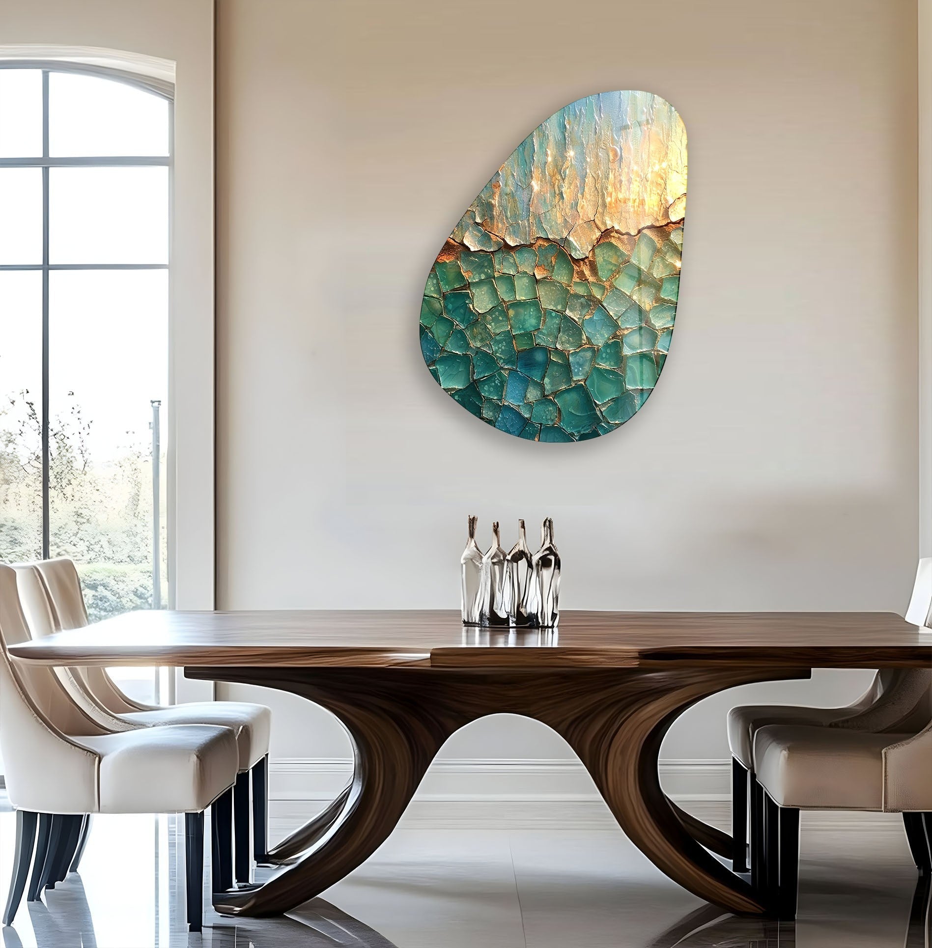 Asymmetrical Oval Green Cracked Glass Wall Art - Modern Abstract Home Decor for Living Room, Bedroom & Office - Handmade Glass Wall Sculpture for Unique Interior Design