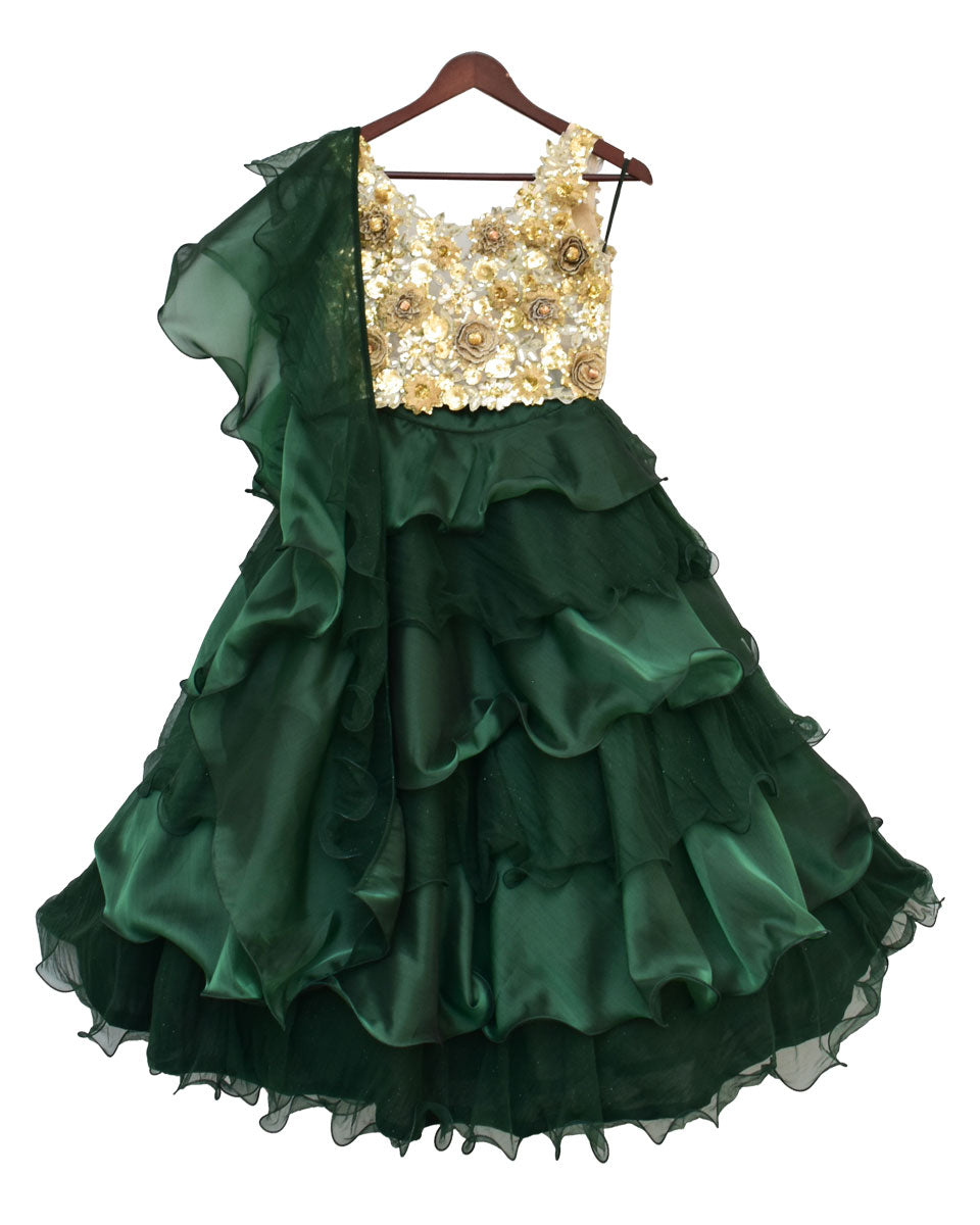 Pre Order: Elegant Beige Choli with Emerald Green Organza Lehenga Set | Indian Bridal Wear for Weddings & Festive Occasions