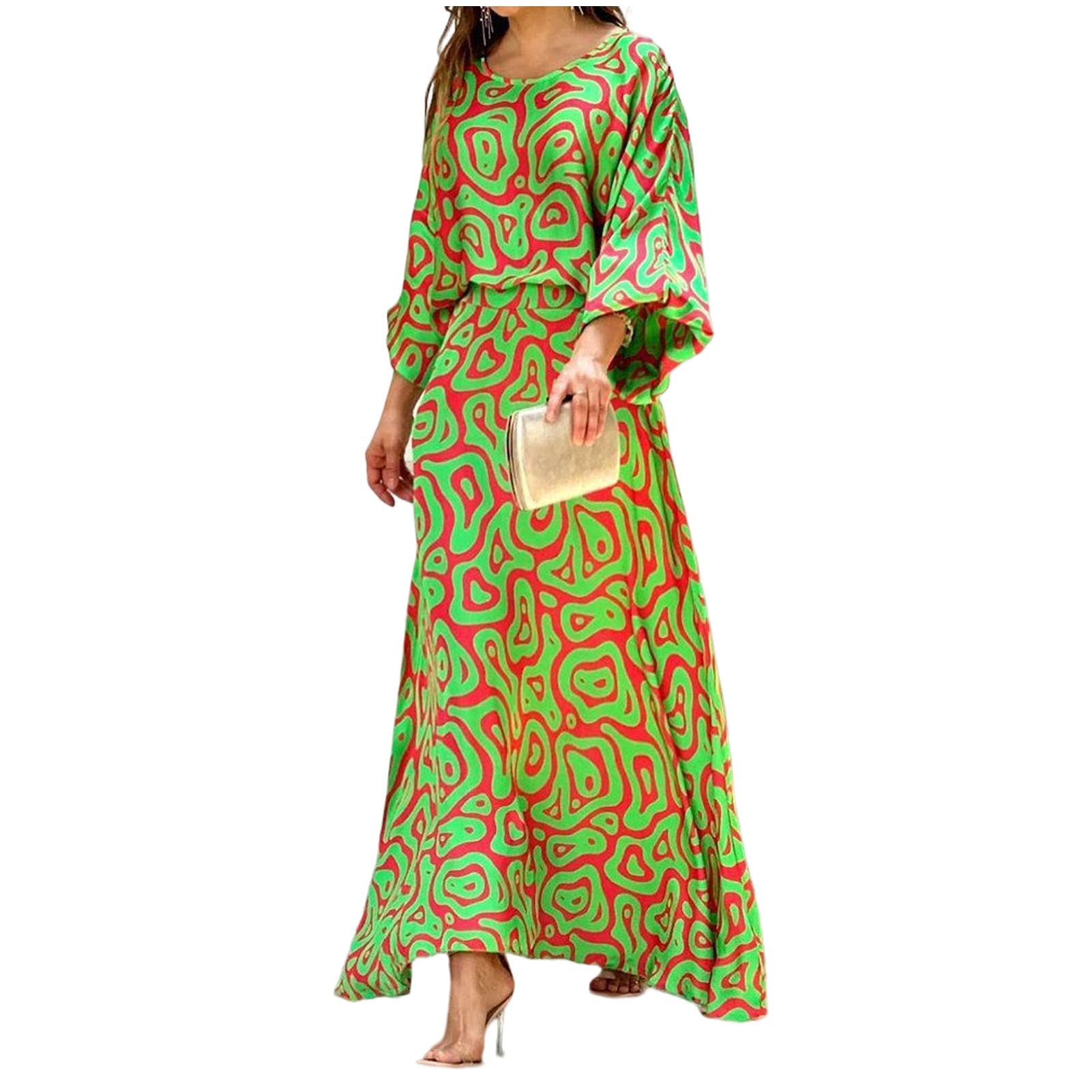 Women's Floral Chiffon Maxi Dress - Summer Loose Printed Long Sleeve High Waist Top & Skirt Casual Outfit Set for Beach, Vacation & Date Night