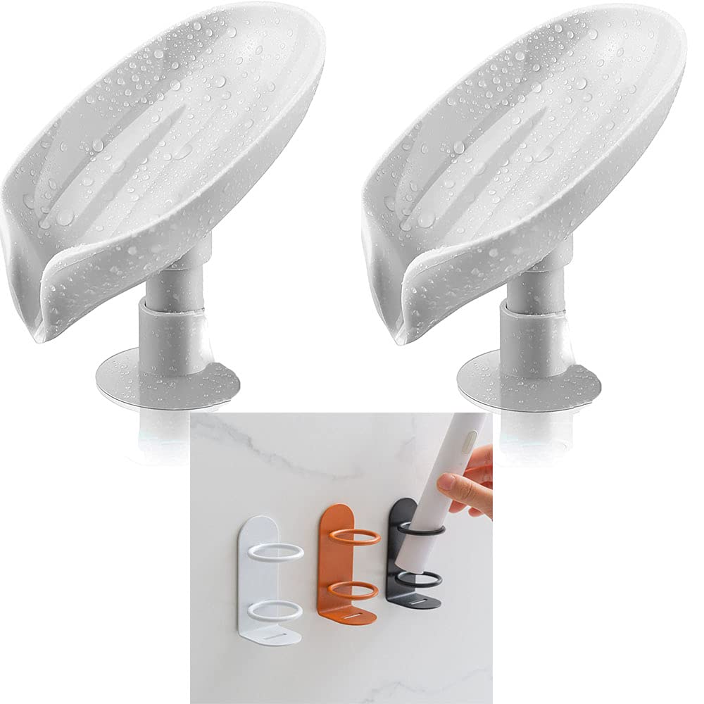 Lotus Leaf Soap Dish Holder with Suction Cup - Detachable Drainable Soap Box & Toothbrush Organizer - Non-Slip Bathroom Storage Shelf for Shower, Kitchen Sink (2 Soap Trays + 3 Brush Holders, Gray) - Perfect for Organizing Bath Essentials and Keeping Countertops Dry