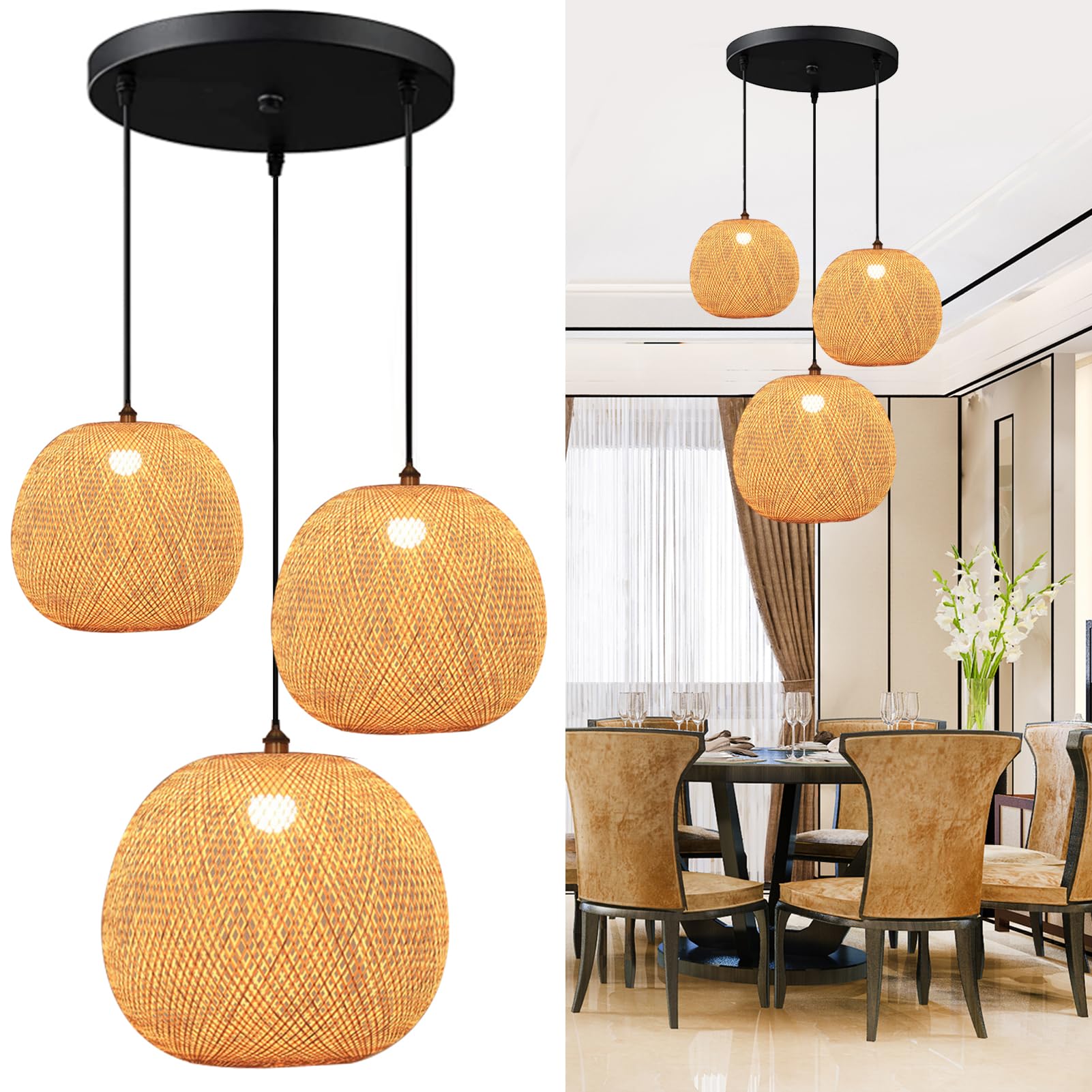 GCQ Bamboo Lantern Pendant Lamp - Retro Japanese Style E27 Chandelier Hanging Light Fixture for Ceiling - Perfect for Living Room, Bedroom, Restaurant, Cafe, Teahouse, Bar & Dining Room | Creates Cozy Ambient Lighting for Relaxation & Dining