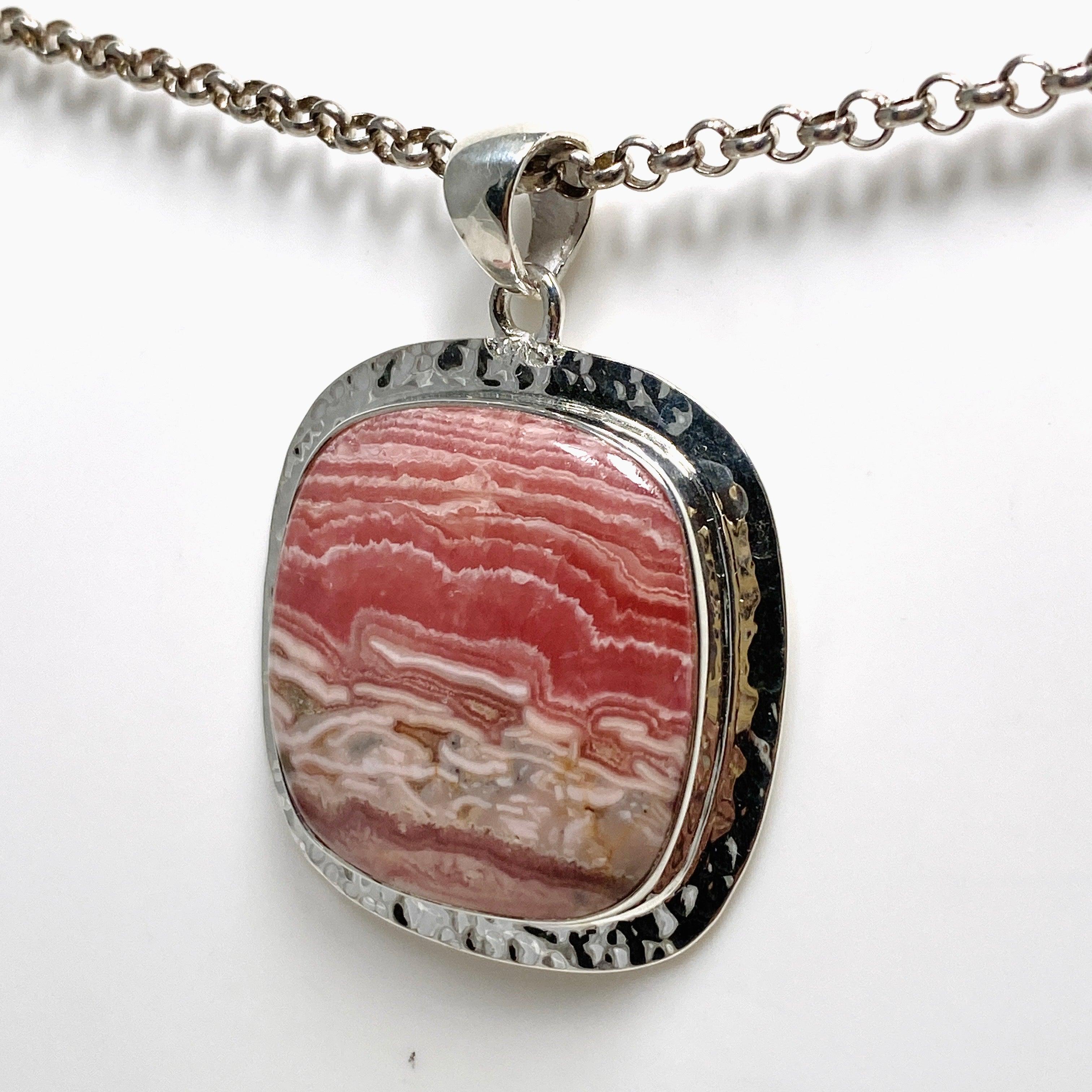 Rhodochrosite Square Pendant Necklace - Handcrafted Hammered Sterling Silver Jewelry KPGJ4322 | Perfect for Gifts, Weddings & Special Occasions