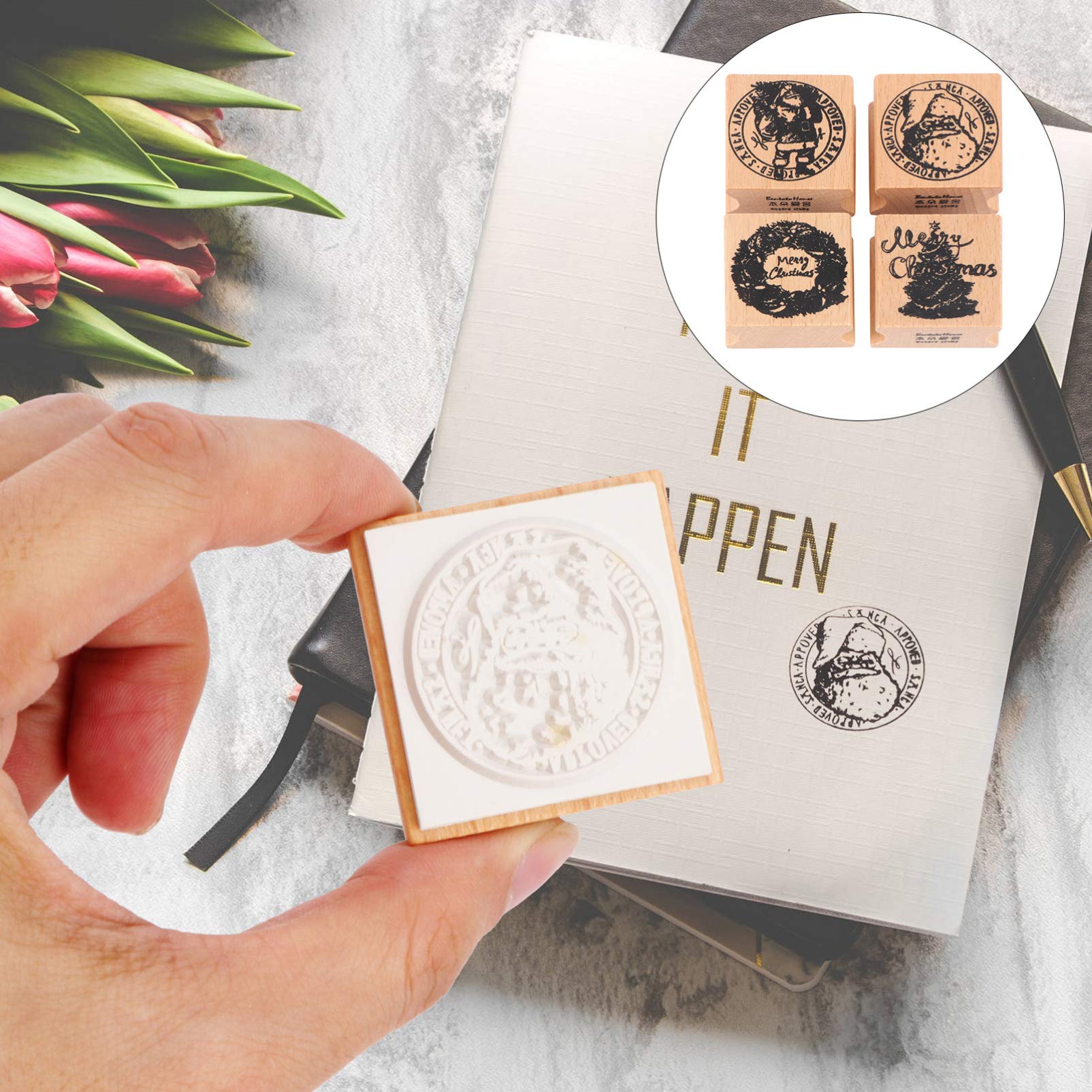 PRETYZOOM 4-Piece Christmas Wooden Stamp Set - Santa Claus, Garland & Tree Stamps for DIY Cards, Scrapbooking, Gift Wrapping & Holiday Crafts | Perfect for Christmas Decorations, Party Invitations & Handmade Greeting Cards