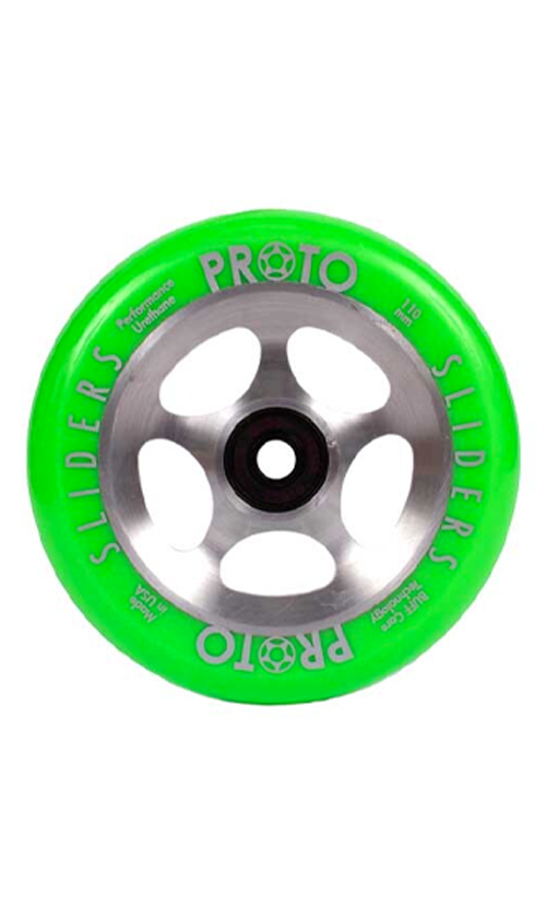 Proto Star Bright Sliders Scooter Wheels 110mm - Green/Raw - High-Performance Wheels for Street & Park Riding - Perfect for Tricks, Stunts & Smooth Rides