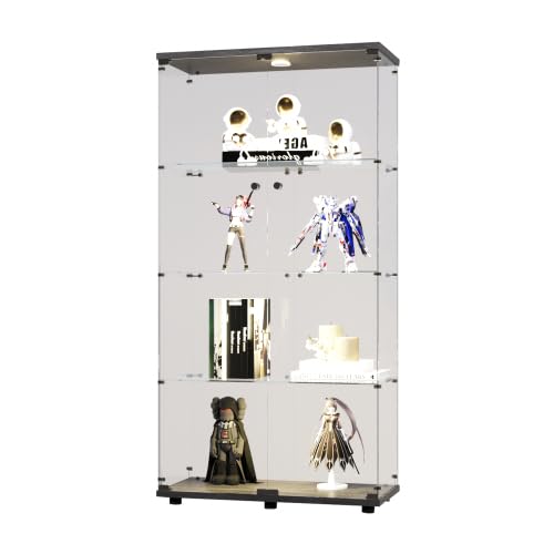 KEIKI 4-Tier Glass Display Cabinet with LED Lights - Lockable Curio Cabinet for Trophy Collections, Home Decor & Retail Displays - Black Standing Glass Shelf with Doors & Handle
