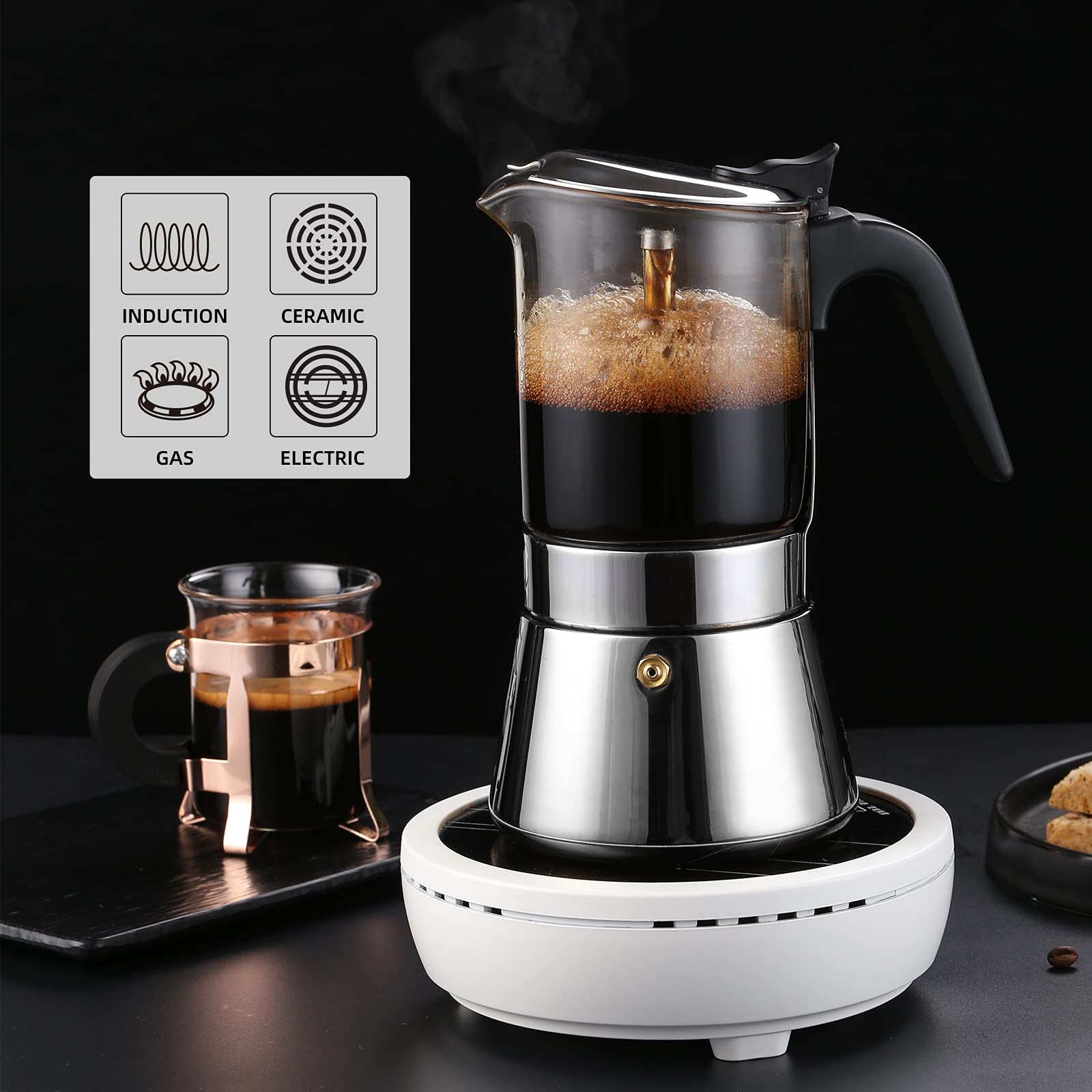 Rumia Stainless Steel & Glass Stovetop Moka Pot - Classic Italian Style Espresso Maker for Home & Office - Easy to Use & Clean 6 Cup Coffee Maker - Perfect for Camping, Gifts & Daily Brewing