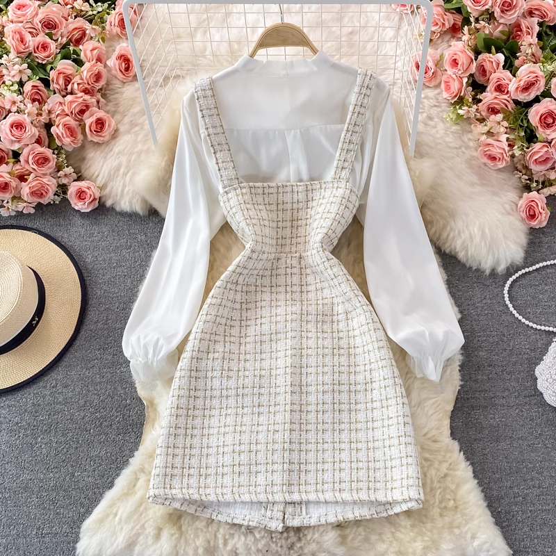 Elegant Autumn Bow Knot Blouse & Plaid Suspenders Dress 2-Piece Set 1387 | Women's Fashion Outfit for Fall, Office Wear & Special Occasions