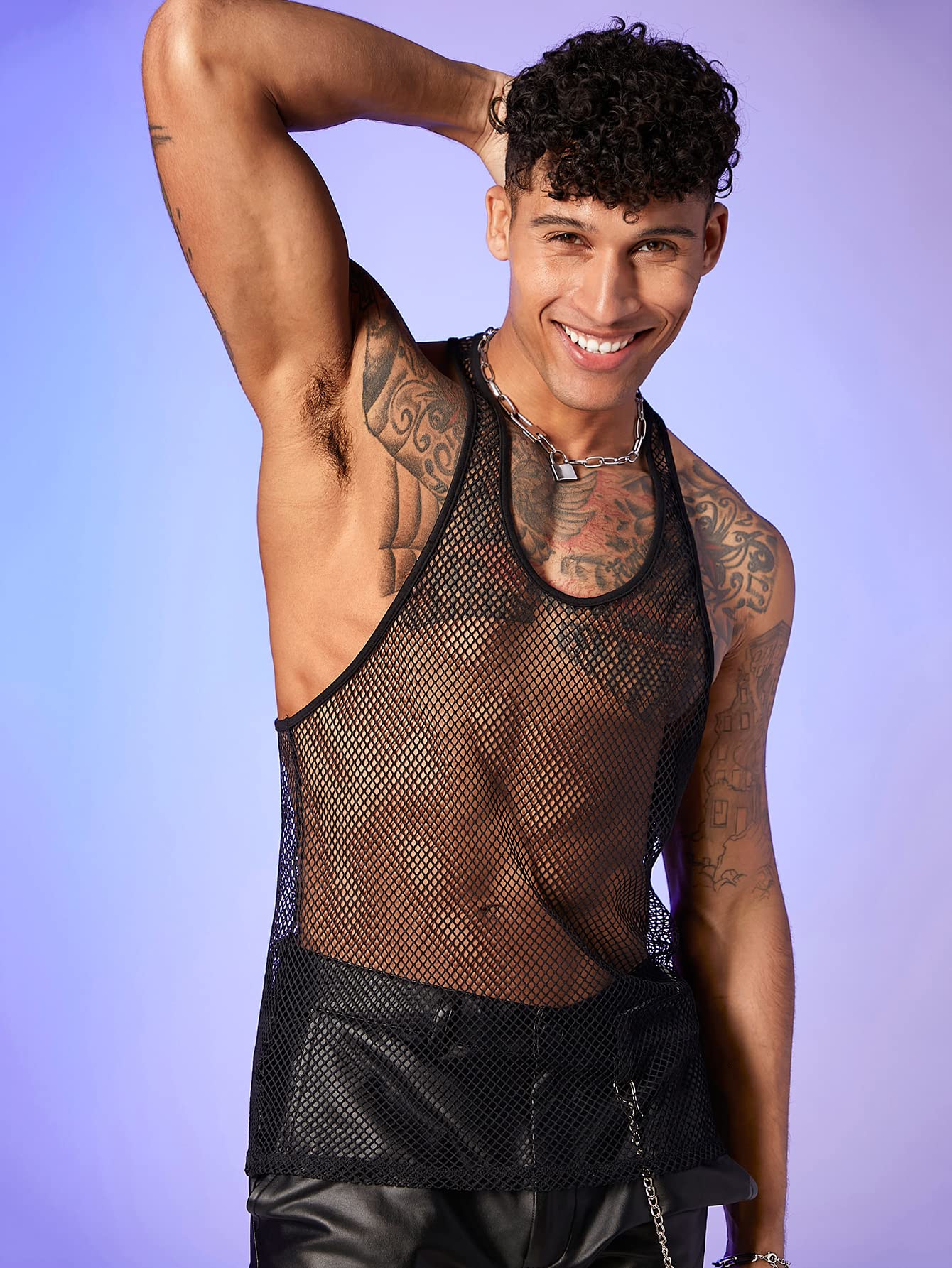 WDIRARA Men's Fishnet Tank Top - Breathable Mesh Scoop Neck Sleeveless Shirt for Gym, Beach & Summer Fashion | Athletic & Casual Wear