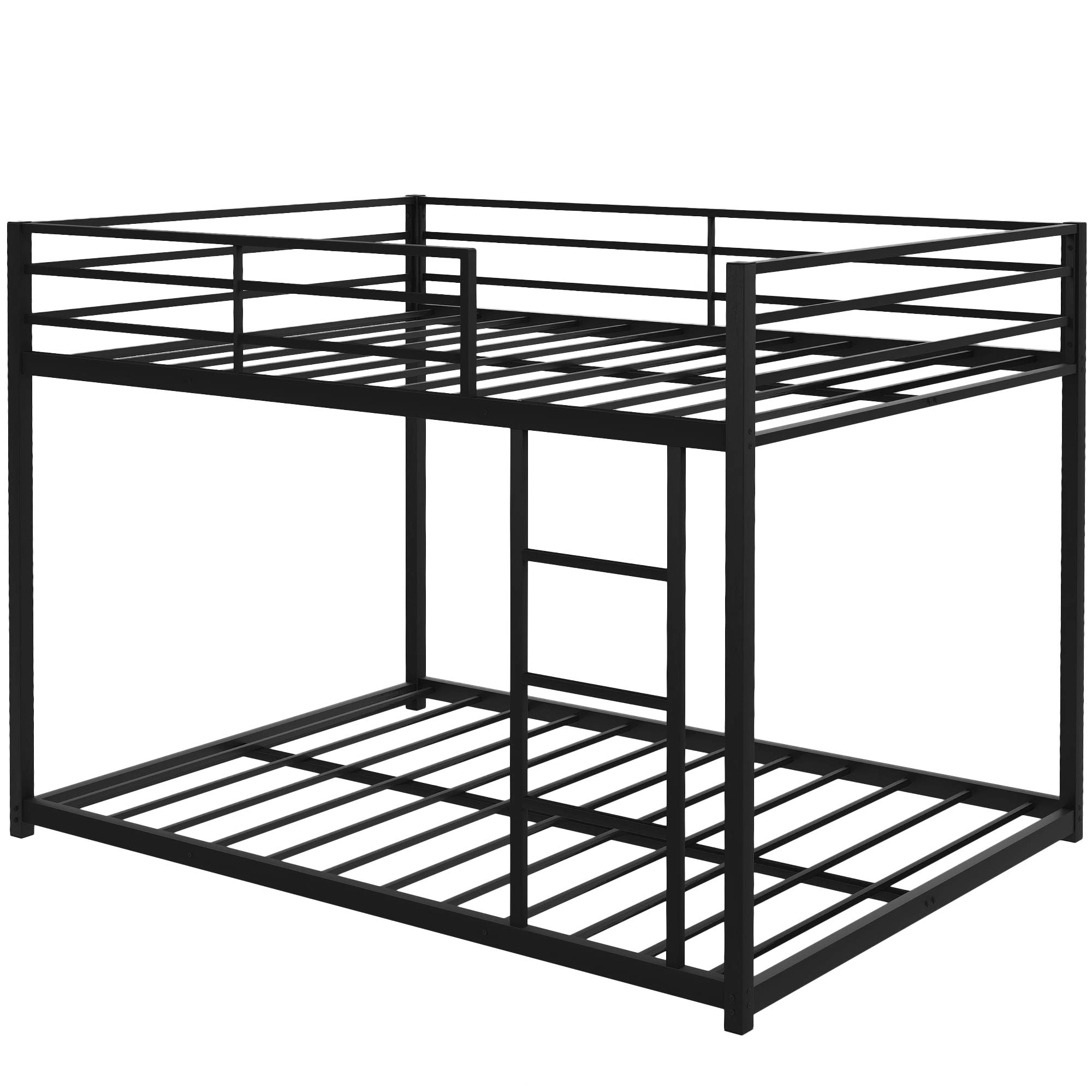 Knocbel Low Profile Full Over Full Bunk Bed with Ladder - Sturdy Metal Platform Bed Frame with Safety Guardrails & Slats Support (Black) - Perfect for Kids' Rooms, Dormitories & Space-Saving Bedroom Solutions