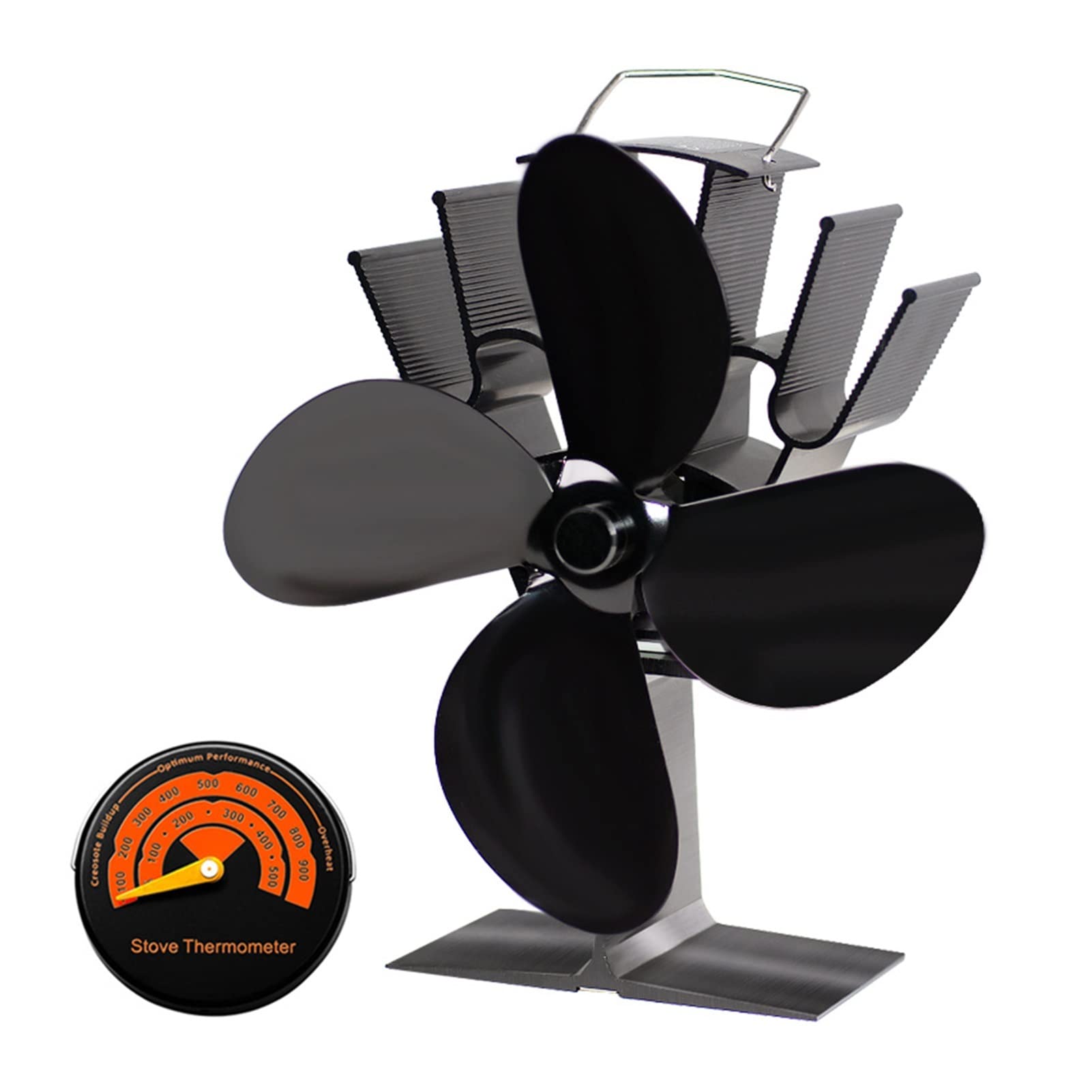 4 Blade Black Fireplace Heat Powered Stove Fan - Eco Friendly Quiet Wood Burner Fan for Efficient Heat Distribution - Home Fireplace Accessories with Thermometer - Perfect for Living Rooms, Cabins & Winter Heating