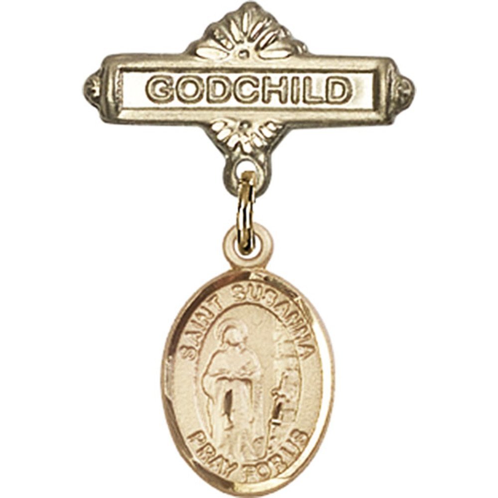 Gold Filled Baby Badge with St. Susanna Charm & Godchild Pin - 1 X 5/8 Inch Religious Jewelry for Christening, Baptism & Baby Blessing Gifts