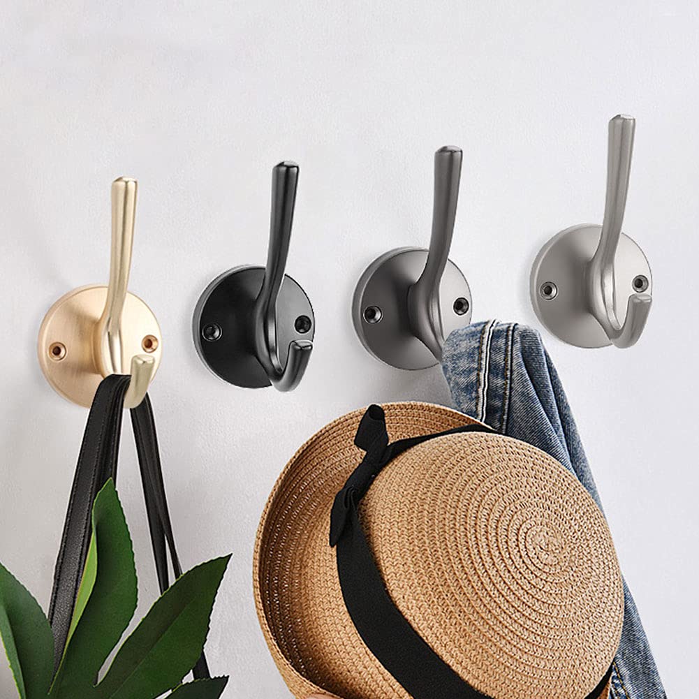 CALIDAKA 4 Pack Gold Wall Hooks - Heavy Duty Metal Coat Hooks for Hanging Coats, Hats & Towels - Double Hooks for Bathroom, Bedroom & Entryway - Rustproof Wall Mounted Hooks for Home & Office Organization