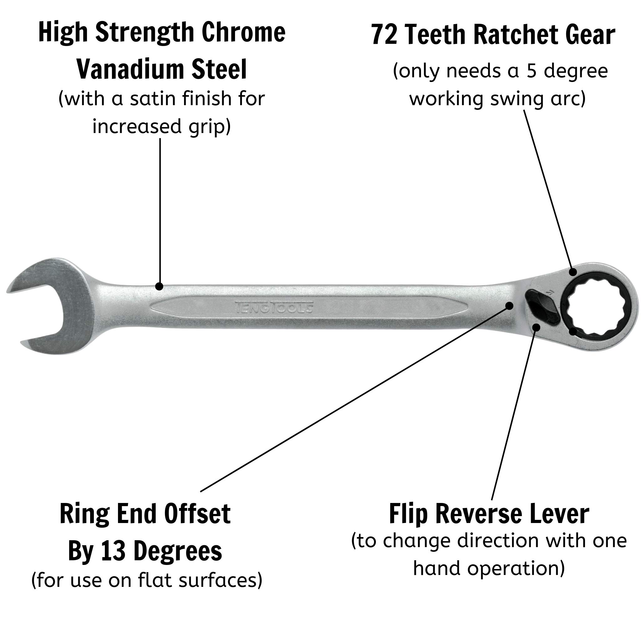 Teng Tools 3/8 Inch Drive 72-Tooth SAE Ratcheting Combination Wrench Set - 600112R | Professional Automotive & DIY Repair Tool for Mechanics and Home Use