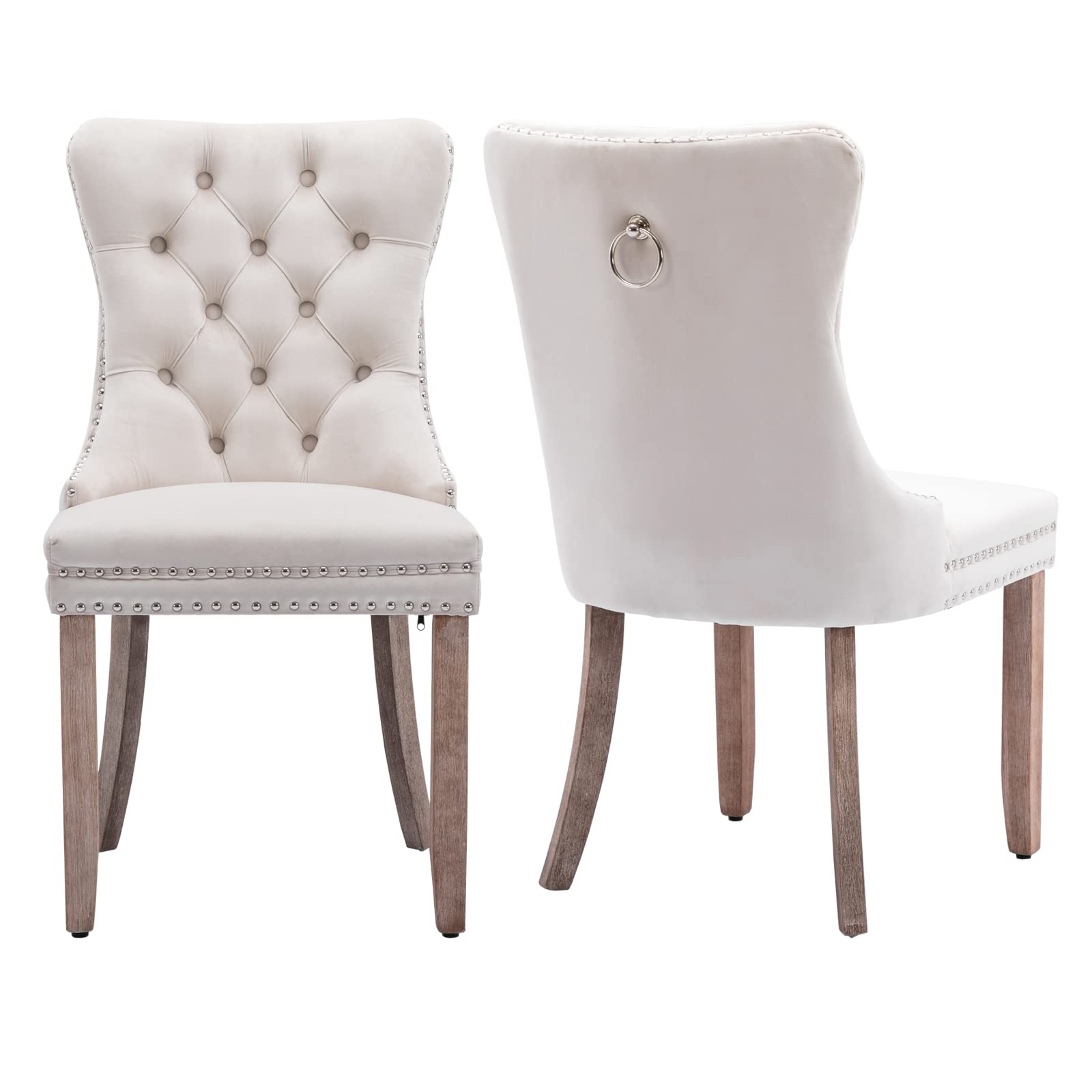 Aoowow 2-Piece Velvet Upholstered Dining Chairs Set - Wingback Armless Side Chairs with Button Tufted Design & Solid Wood Legs for Kitchen, Dining Room - Elegant Beige Home Decor for Modern Living Spaces