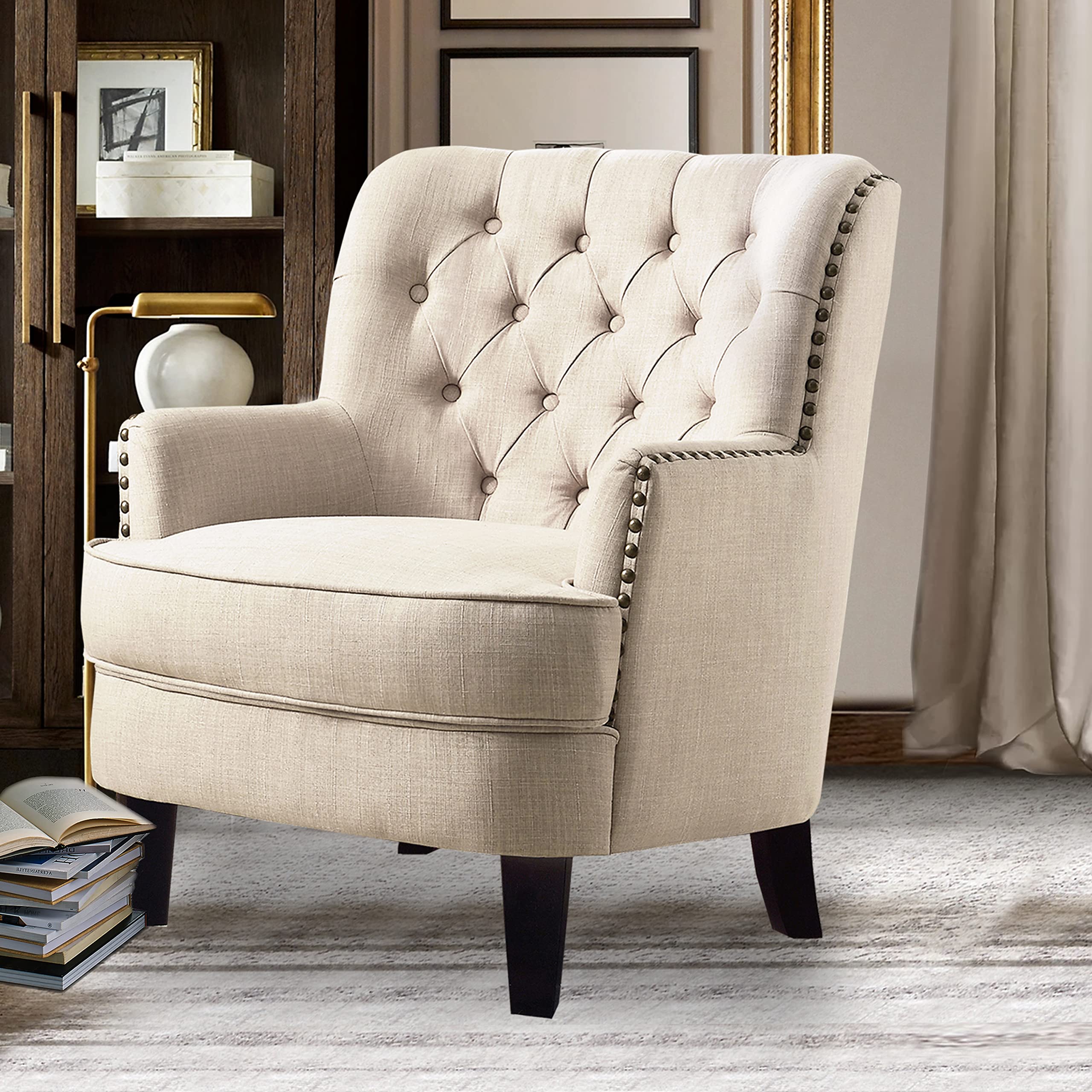 Rosevera Sausalito Accent Chair - Comfy Armchair for Living Room, Bedroom, Reading Nook - Small Space Polyester Upholstered Chair in Pearl Beige - Perfect for Relaxing, Reading & Home Decor