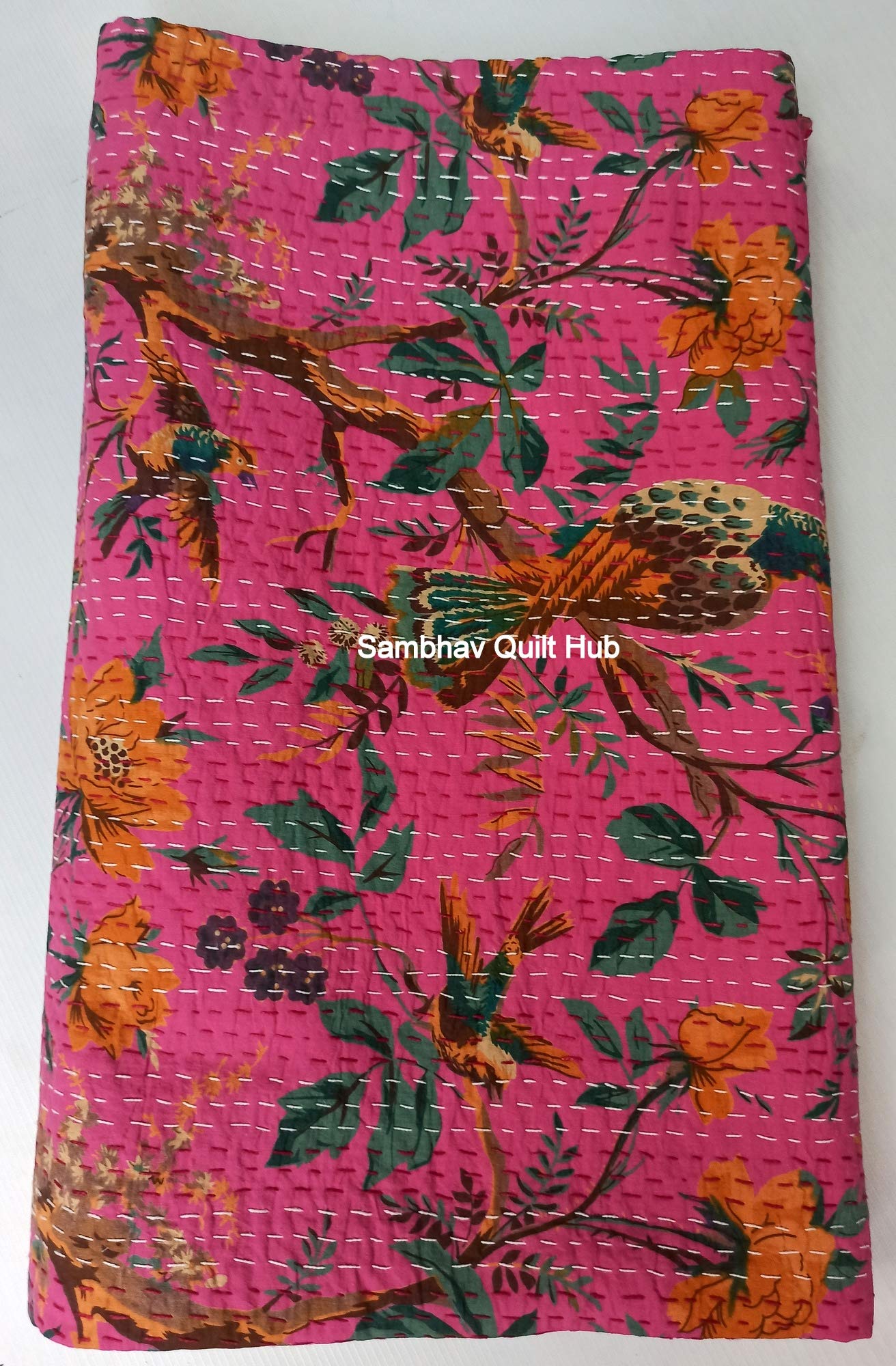Reversible Pink Floral Bird Kantha Quilt - Bohemian King/Queen Size Bedspread (90x108 Inches) with 2 Matching Pillow Covers | Soft Cotton Bedding for Home Decor, Guest Room & Bohemian Style Bedroom