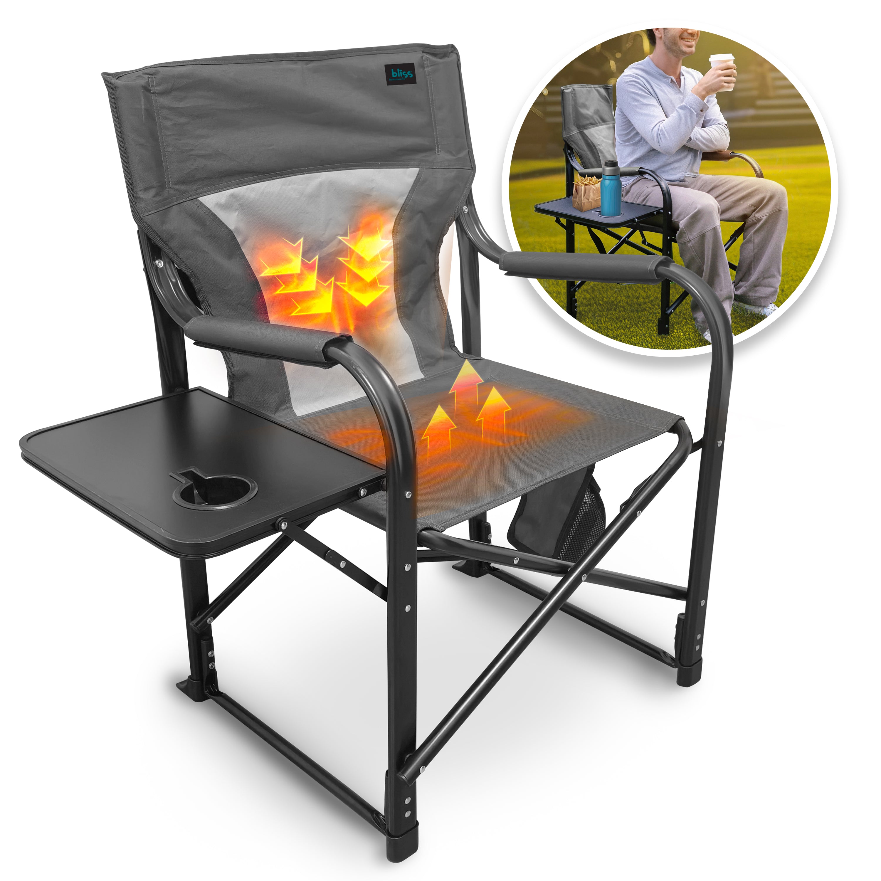 Bliss Hammocks BHC 24VH GRY 24 Volt Heated Director's Chair | 21 Inch Wide | 3 Temperature Settings | 2.0 Ah Battery & Charger Included | Perfect for Outdoor Camping, Fishing, and Patio Relaxation