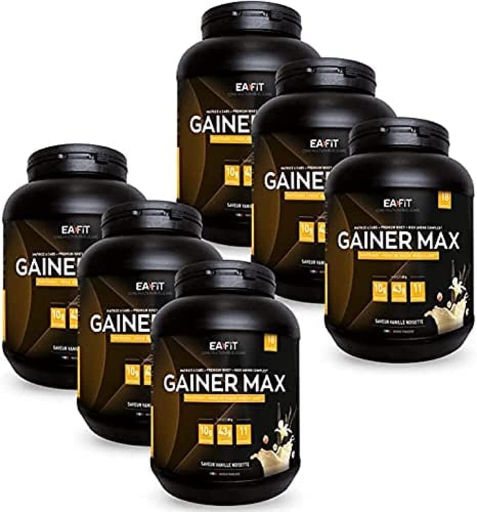 Eafit GAINER MAX 1.1kg Vanilla Hazelnut Protein Powder - 6 Pack Eco Format - Whey & Egg Protein for Muscle Gain & Mass Building - 108 Servings with Vitamins & Minerals - Anti-Doping Certified - Black - Perfect for Post-Workout Recovery & Bodybuilding Nutrition
