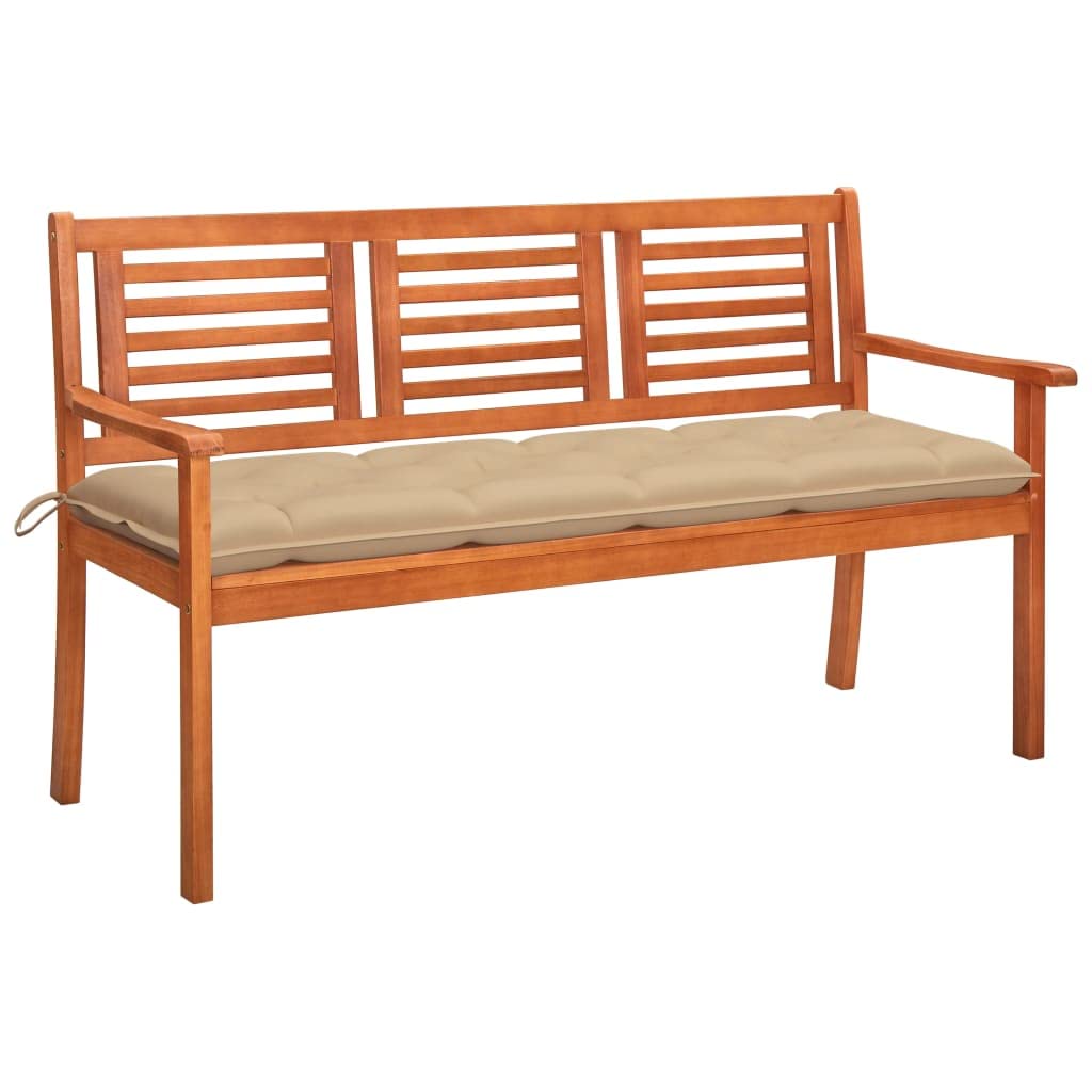 Outdoor Patio Bench 3-Seater with Cushion - Solid Eucalyptus Wood Garden Bench for Balcony, Poolside, Porch - Farmhouse Style Outdoor Furniture for Backyard, Deck, and Patio Relaxation