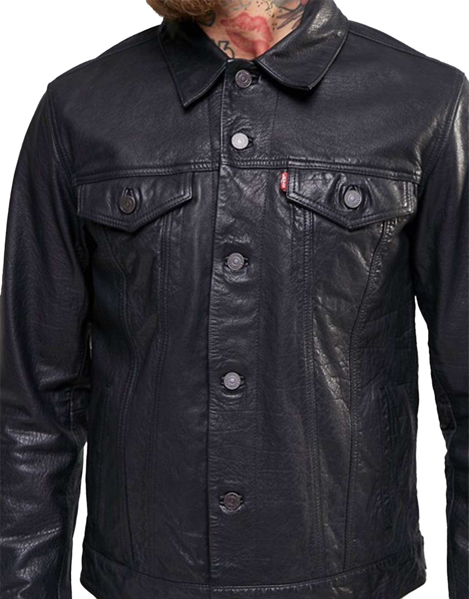 Black Leather Trucker Jacket for Men - Classic Biker Style Leather Shirt Jacket - Big & Tall Sizes - Perfect for Motorcycle Riding, Casual Outfits & Winter Layering