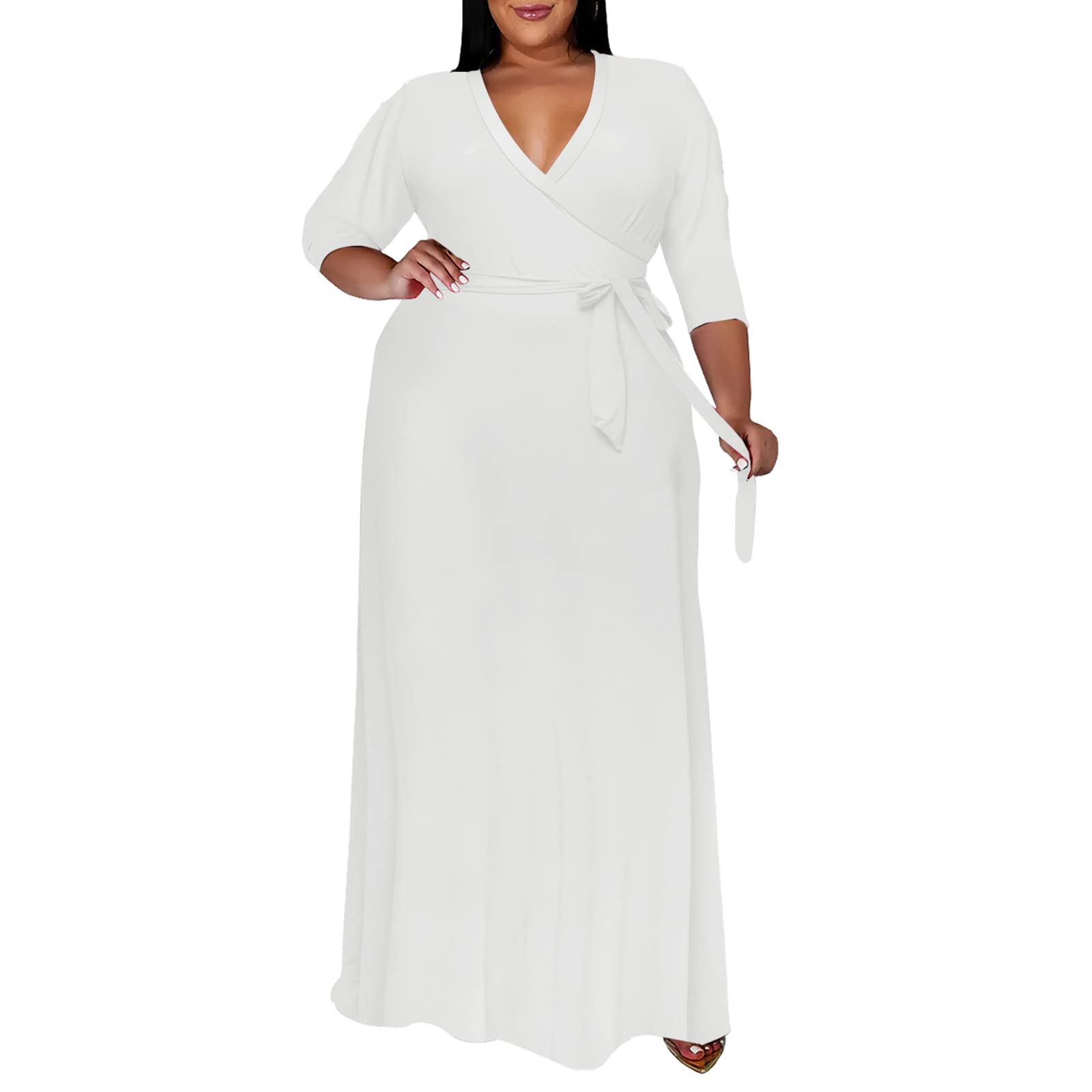 Runwind Plus Size Floral Maxi Dress for Women - Flowy 3/4 Sleeve with Adjustable Belt | Summer Beach Wedding & Vacation Outfit