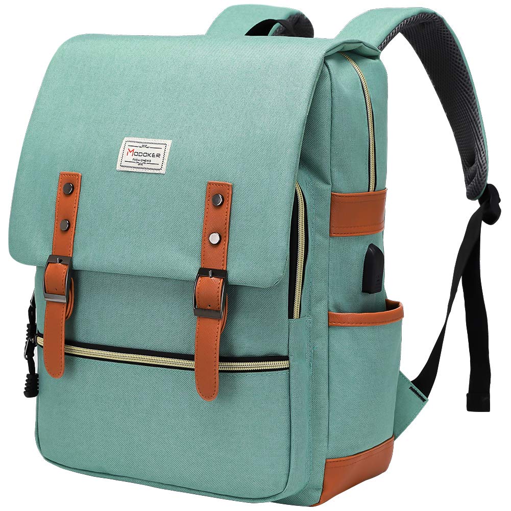 Modoker Vintage Laptop Backpack for Women & Men - USB Charging Port, Water Resistant Travel Backpack Fits 15.6 Inch Laptop - Perfect for Work, College & Daily Commute - Stylish Green Computer Bag