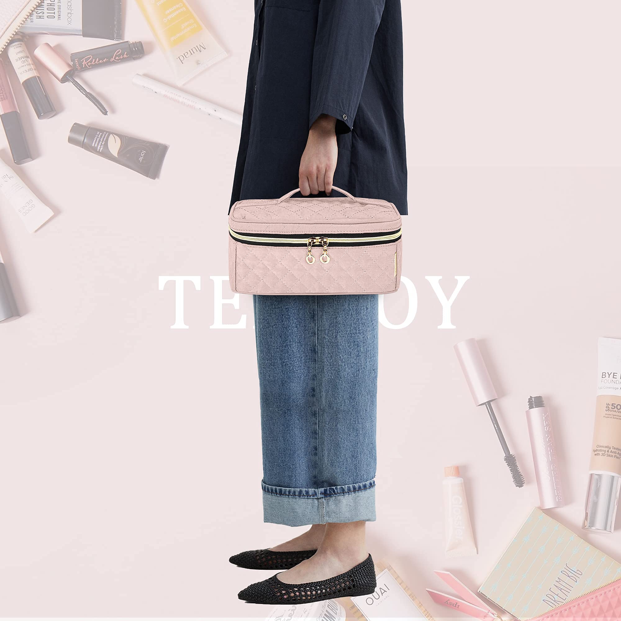 Teamoy Travel Makeup Brush Case – Portable Cosmetic Organizer Bag with Handle for Makeup Brushes (Up to 9 Inch) & Beauty Essentials, Medium Size, Misty Rose (Bag Only) – Perfect for Travel, Home Storage & Professional Makeup Artists