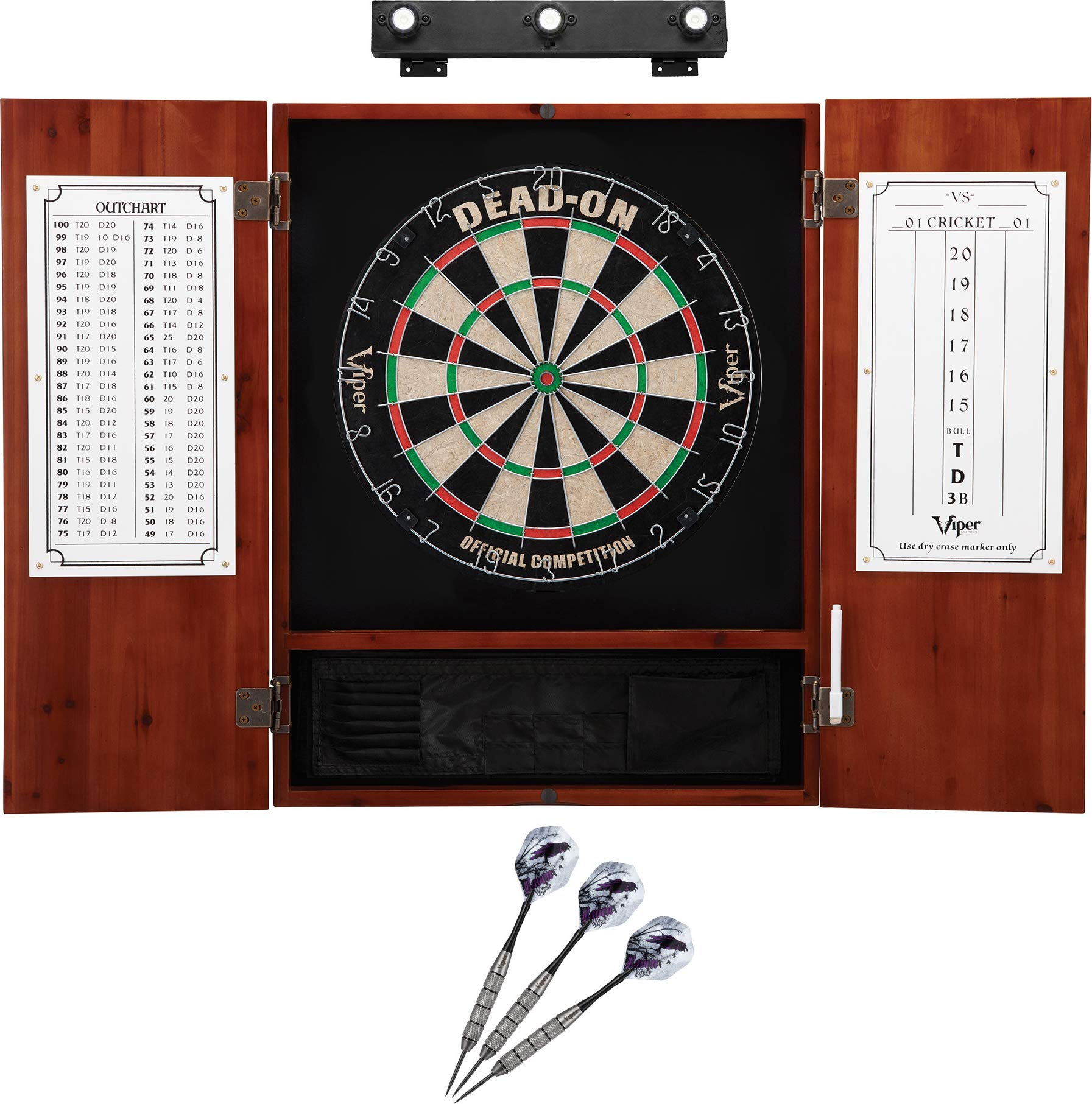 Premium Viper Dead On Professional Sisal Dartboard with Metropolitan Cinnamon Cabinet - Steel Tip Darts & LED Shadow Buster Lighting Kit for Home Game Room, Bar, or Office Entertainment