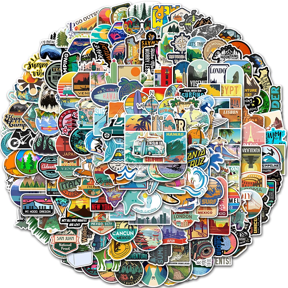 200PCS Waterproof Outdoor Stickers - Surfing Mountain & Nature Camping Decals for Water Bottles, Skateboards, Bikes, Suitcases, Laptops & Phones - Perfect for Travel, Adventure & Personalizing Your Gear