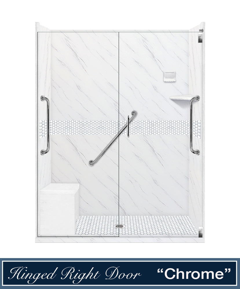 Freedom 60 Alcove Carrara Medici Marble & Pearl Hex Mosaic Tile - DIY Shower Remodel Kit for Bathroom & Backsplash Upgrade | Waterproof & Easy Installation